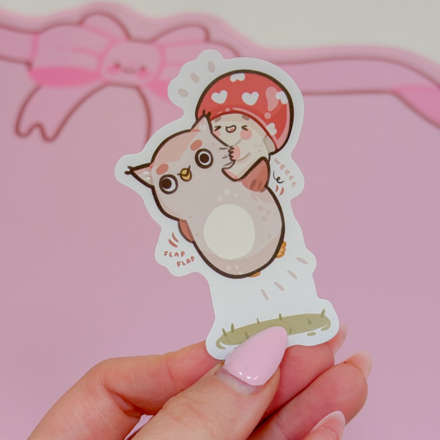 Twixx & Shroomie Flying Sticker | Kawaii Autumn Owl Mushroom Vinyl Katnipp character product