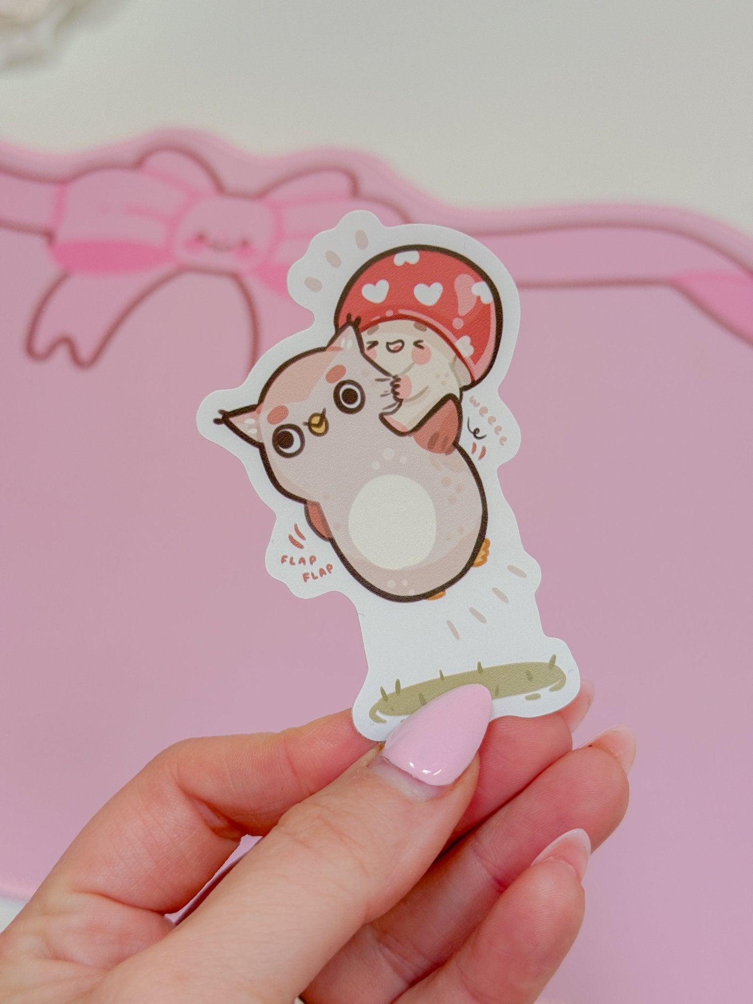 Twixx & Shroomie Flying Sticker | Kawaii Autumn Owl Mushroom Vinyl Katnipp character product