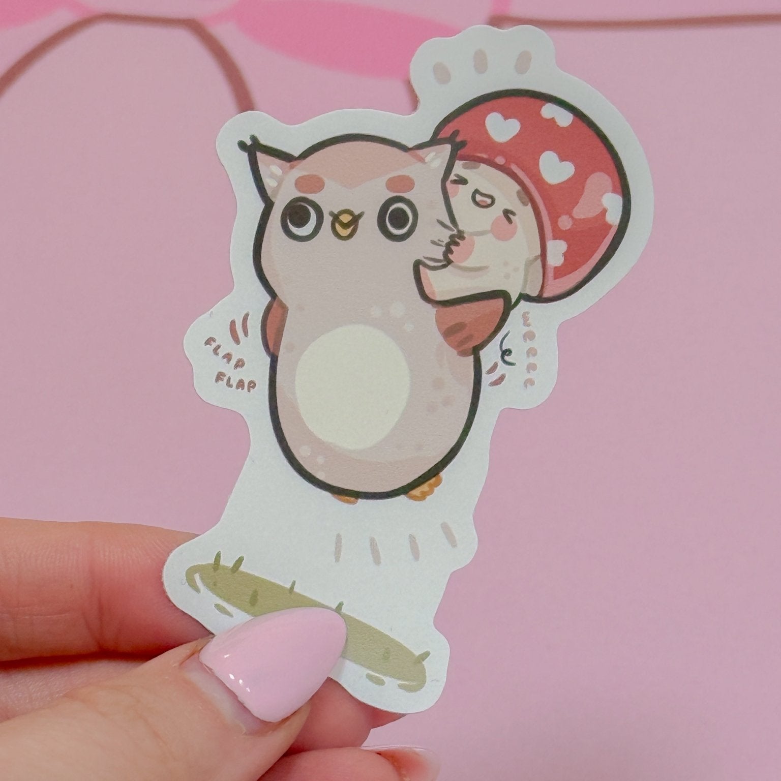 Twixx & Shroomie Flying Sticker | Kawaii Autumn Owl Mushroom Vinyl Katnipp character product