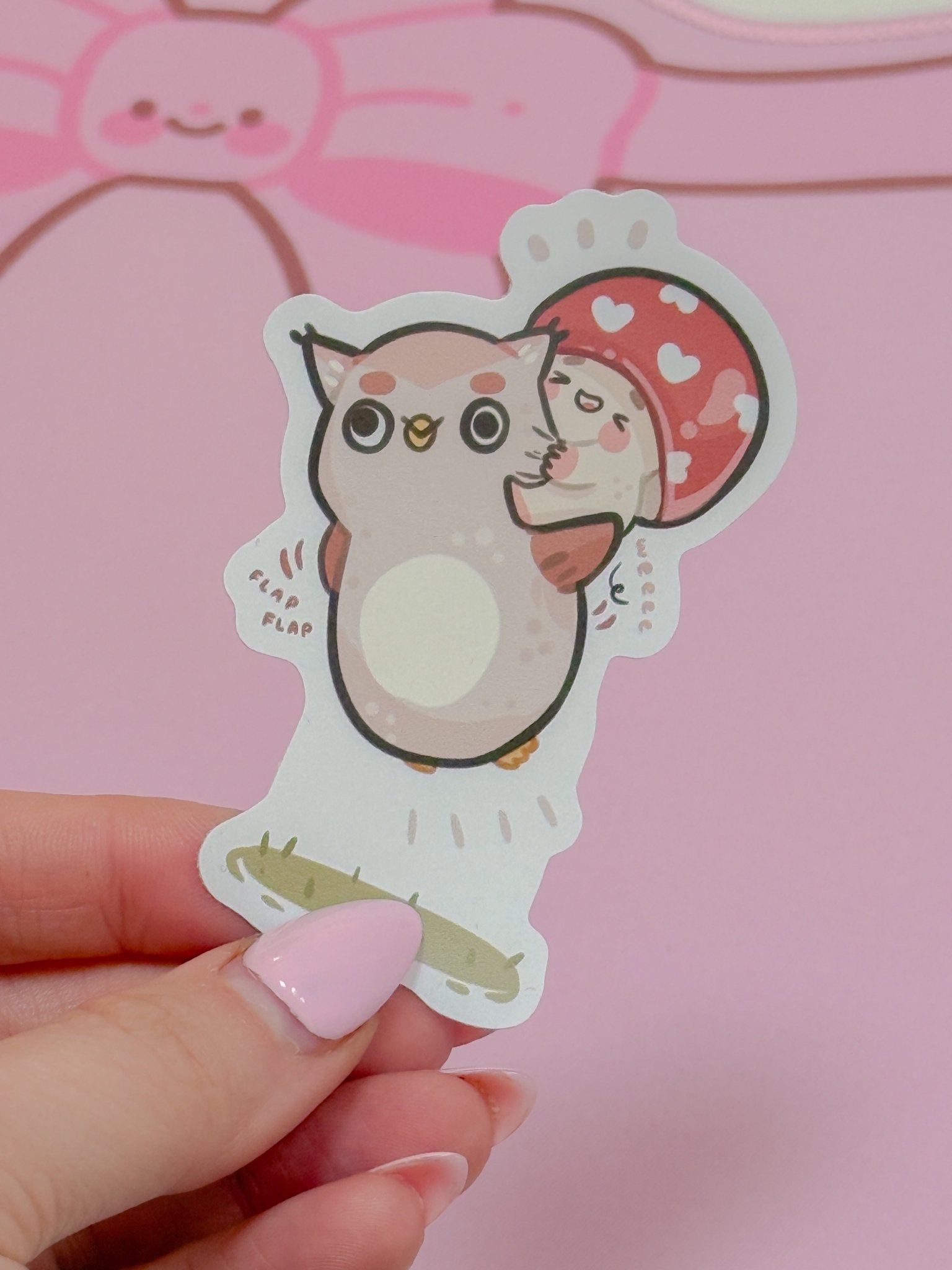 Twixx & Shroomie Flying Sticker | Kawaii Autumn Owl Mushroom Vinyl Katnipp character product