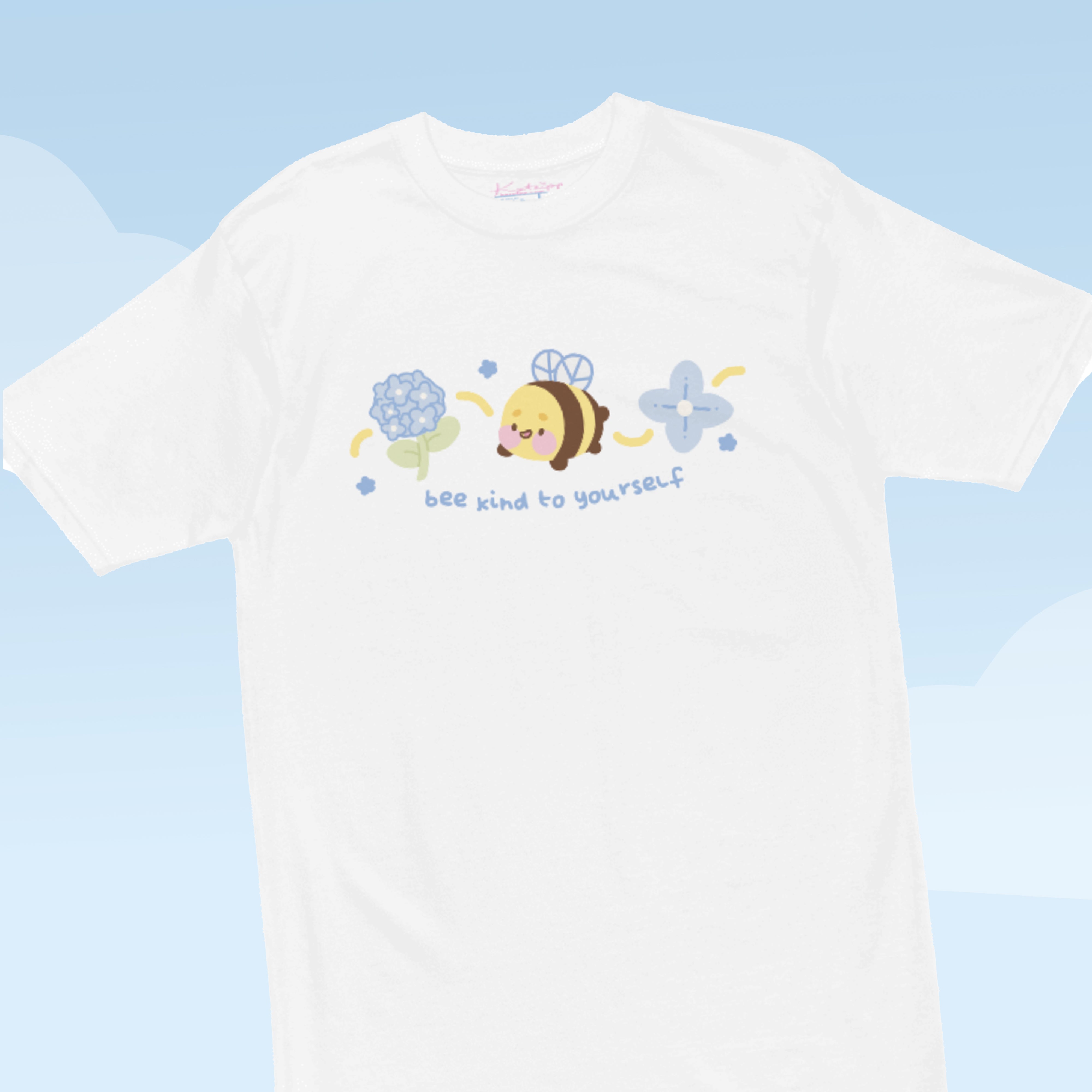 White Bumblebutt and Blue Hydrangeas Kawaii Premium Heavyweight Tee - Cute Floral Shirt - Katnipp Studios