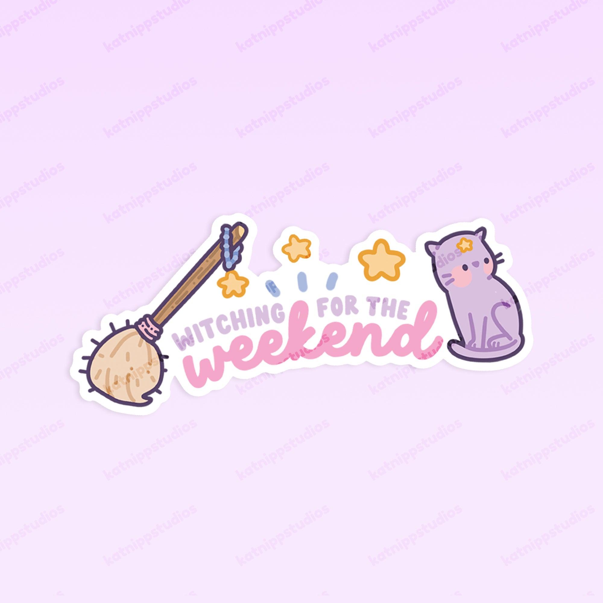 Witching for the Weekend Vinyl Sticker | Kawaii Pastel Witch Katnipp character product