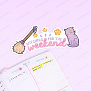 Witching for the Weekend Vinyl Sticker | Kawaii Pastel Witch Katnipp character product