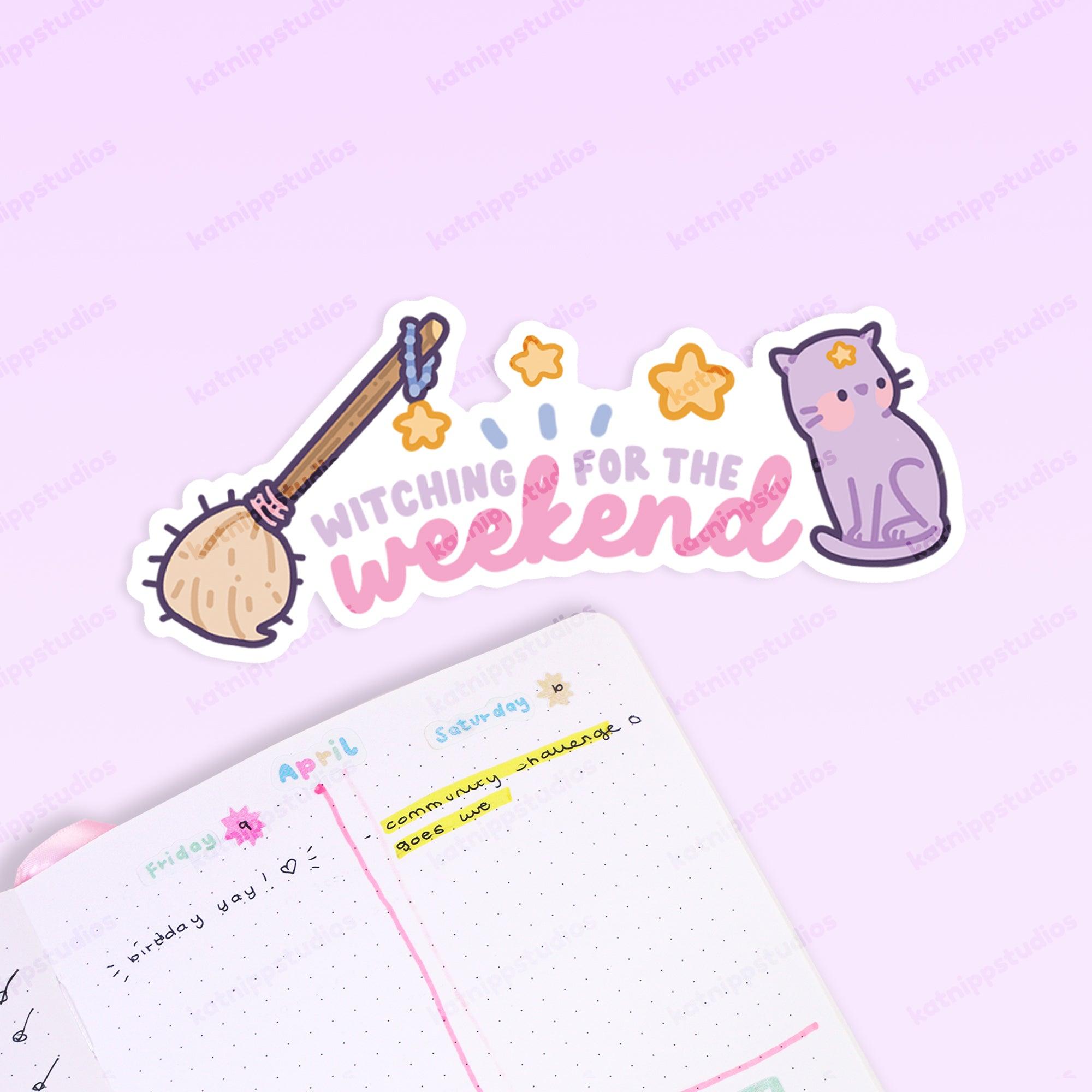 Witching for the Weekend Vinyl Sticker | Kawaii Pastel Witch Katnipp character product