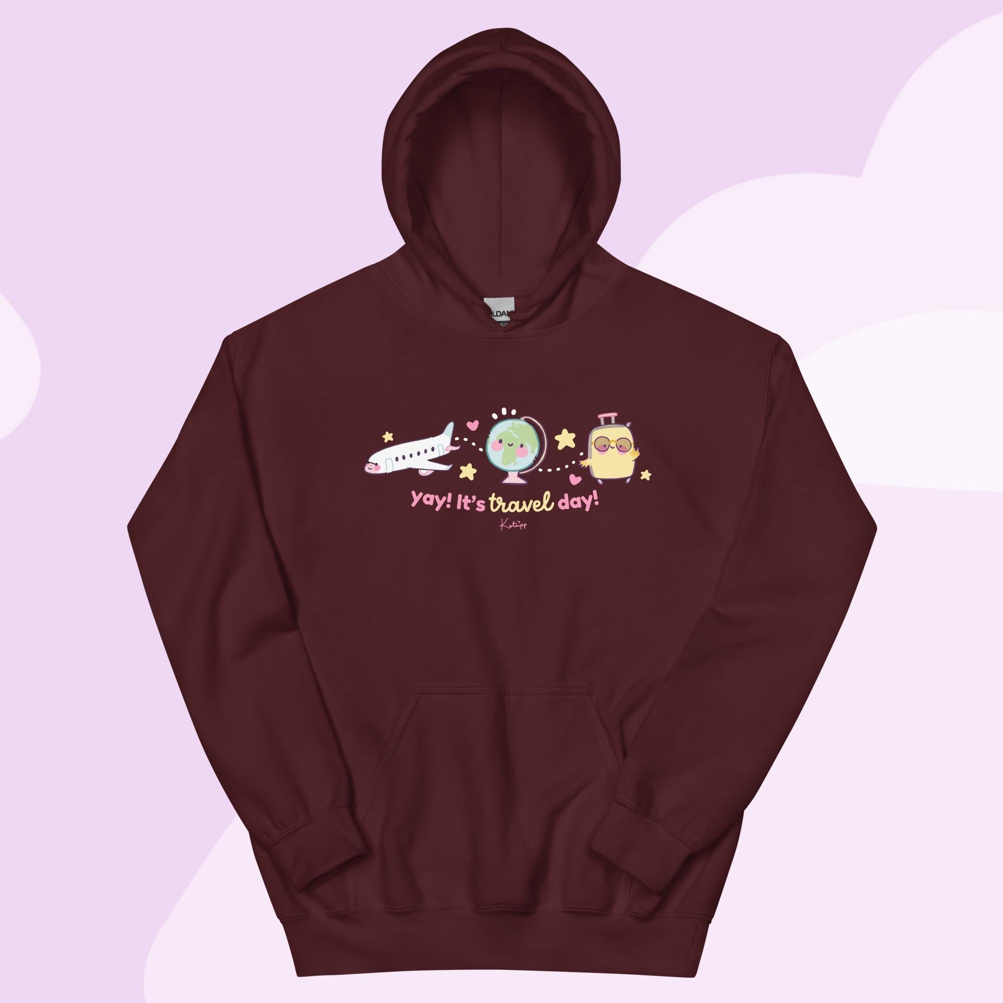 Yay! It’s Travel Day | Kawaii Travel Hoodie | Cute Pastel Adventure Hoodie Katnipp character product