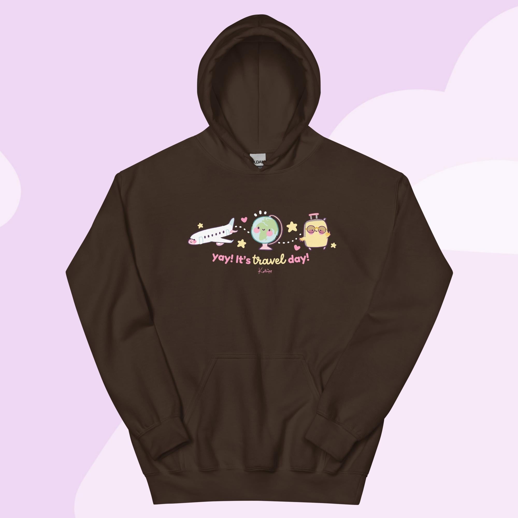 Yay! It’s Travel Day | Kawaii Travel Hoodie | Cute Pastel Adventure Hoodie Katnipp character product