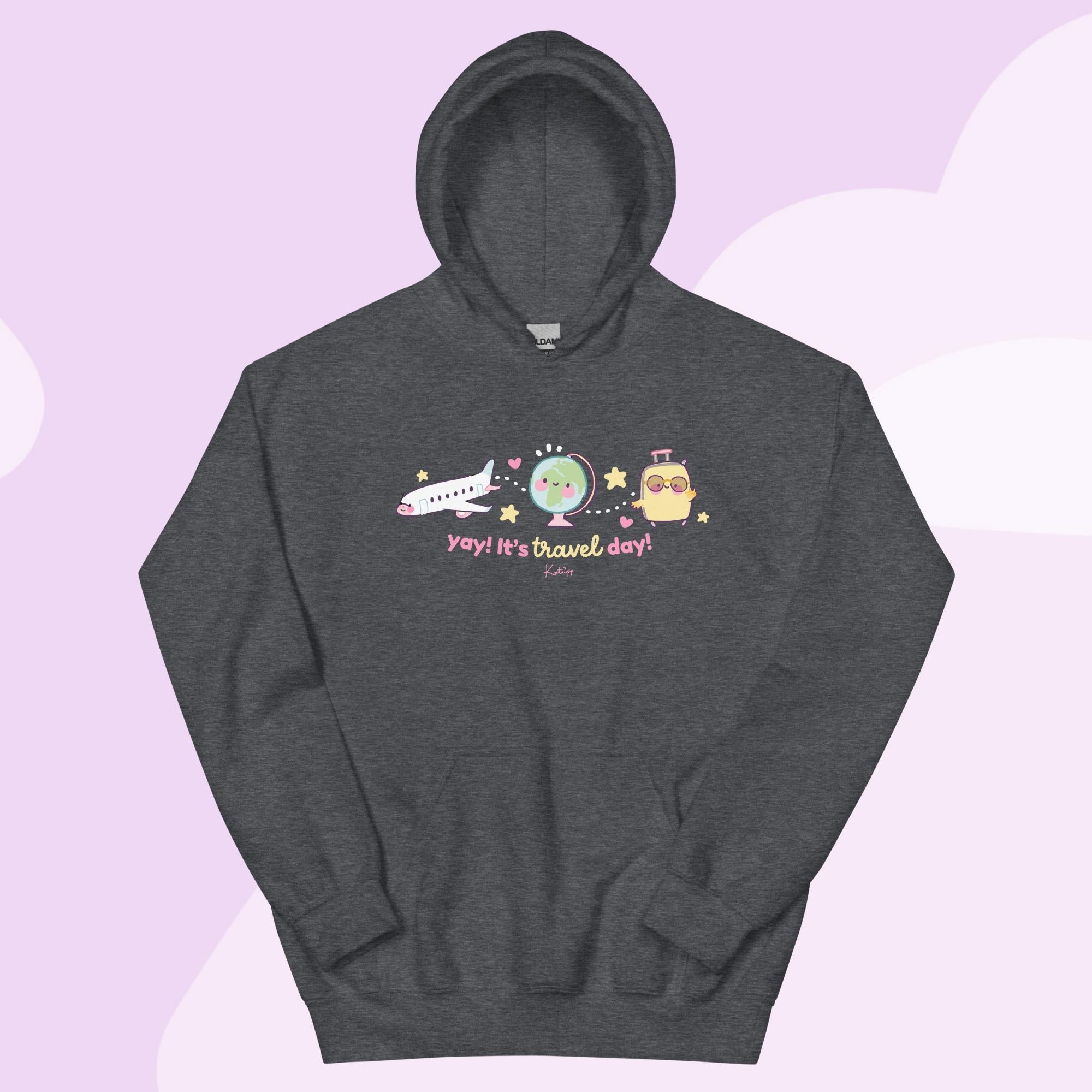 Yay! It’s Travel Day | Kawaii Travel Hoodie | Cute Pastel Adventure Hoodie Katnipp character product