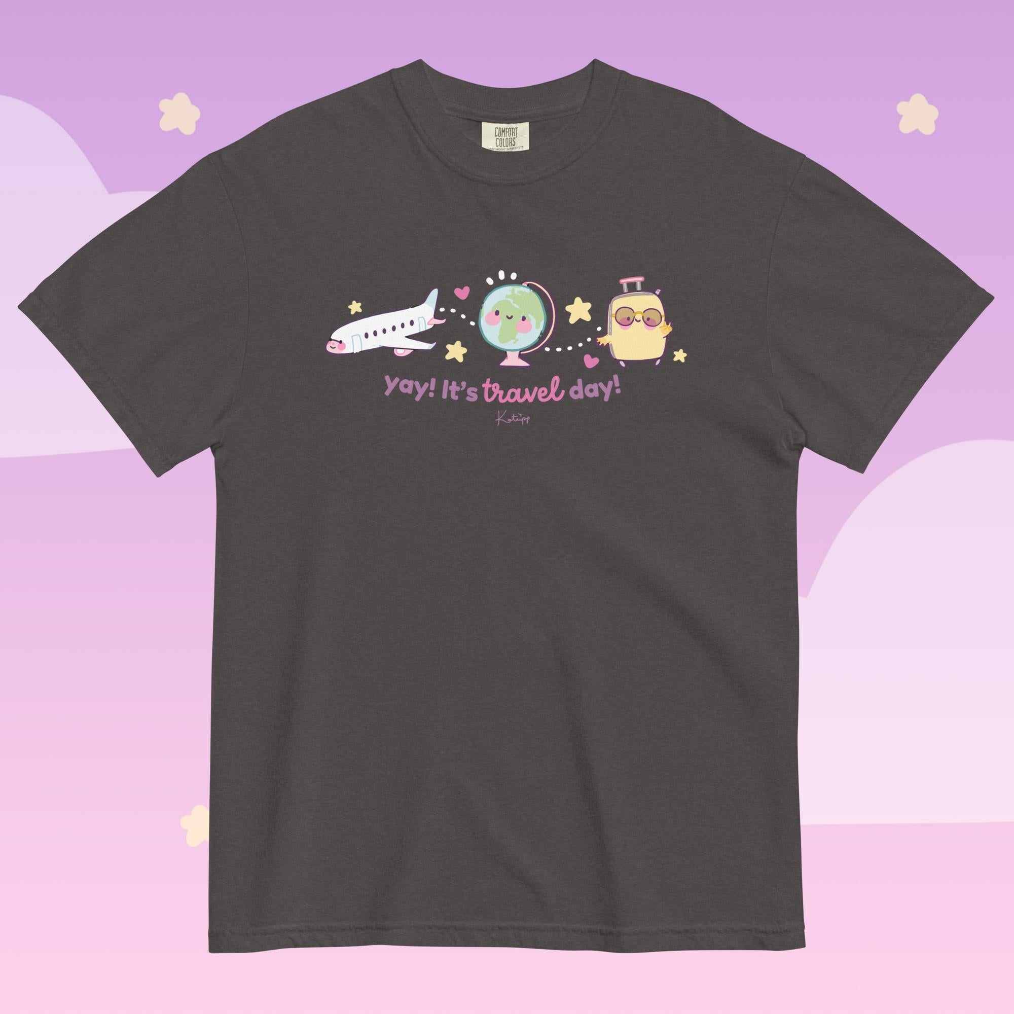 Yay! It’s Travel Day! Premium Heavyweight T-Shirt | Kawaii Airport Tee | Wanderlust Graphic Shirt | Katnipp Travel Apparel Katnipp character product