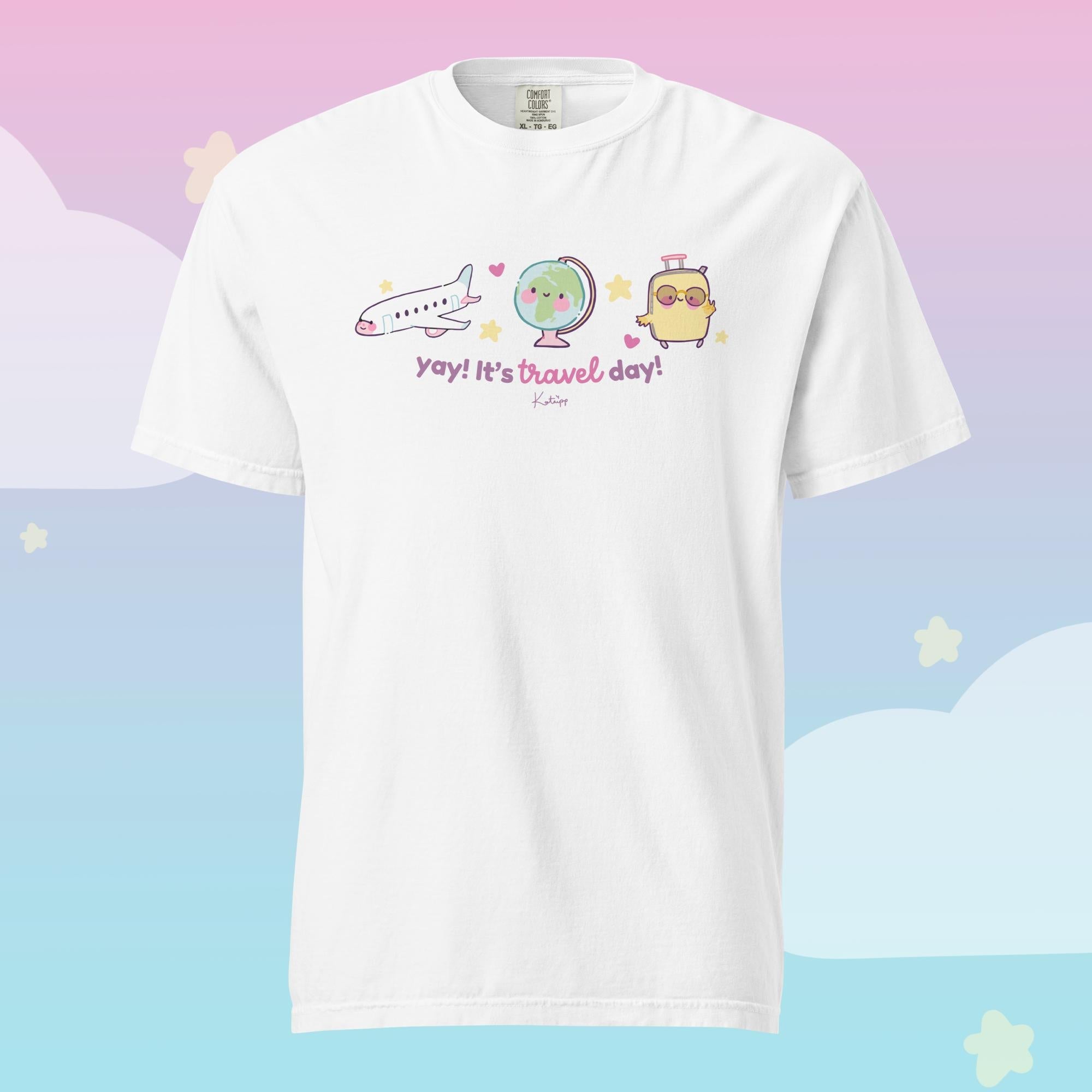 Yay! It’s Travel Day! Premium Heavyweight T-Shirt | Kawaii Airport Tee | Wanderlust Graphic Shirt | Katnipp Travel Apparel Katnipp character product