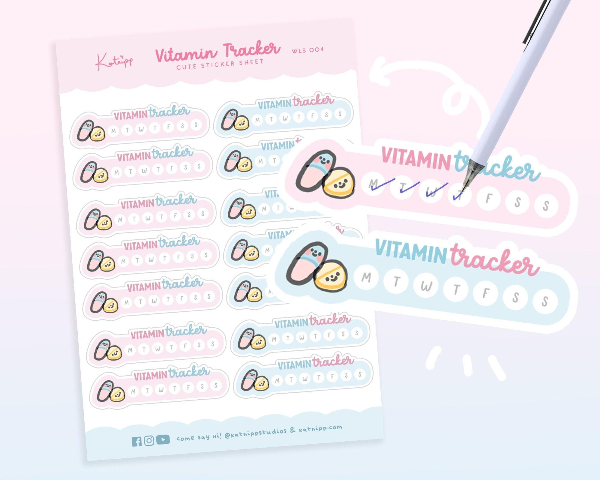 Adorable pastel planner stickers for tracking vitamin doses like D and B12. Hand-illustrated for charm and organisation, main 
