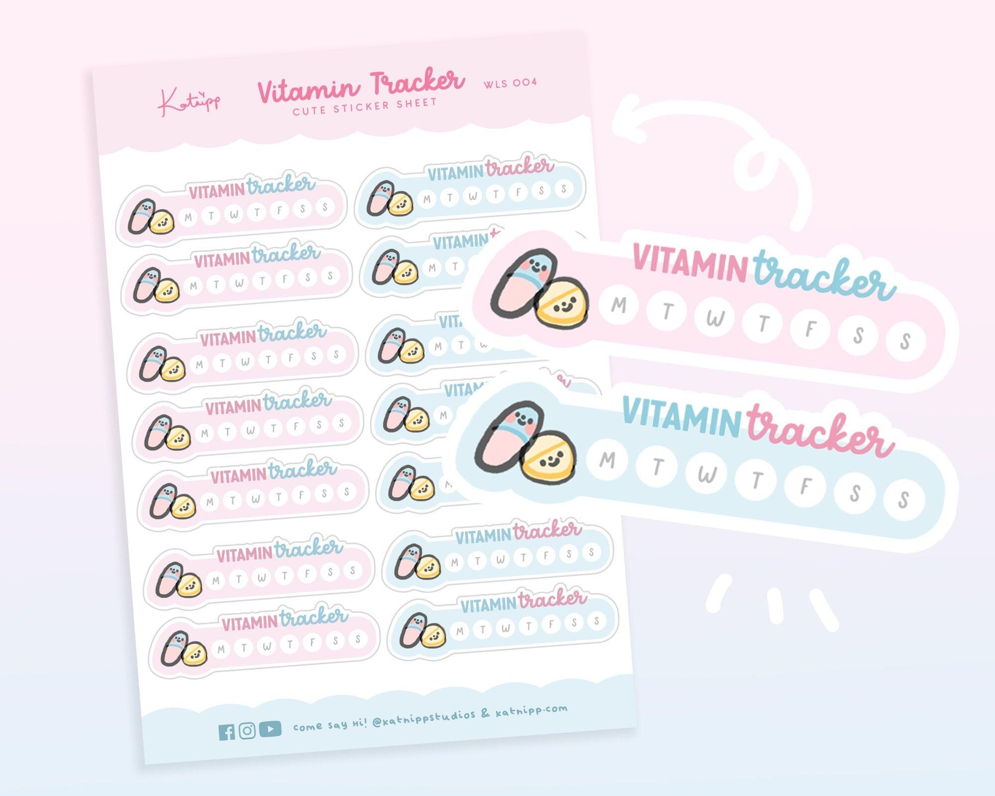 Adorable pastel planner stickers for tracking vitamin doses like D and B12. Hand-illustrated for charm and organisation, secondary