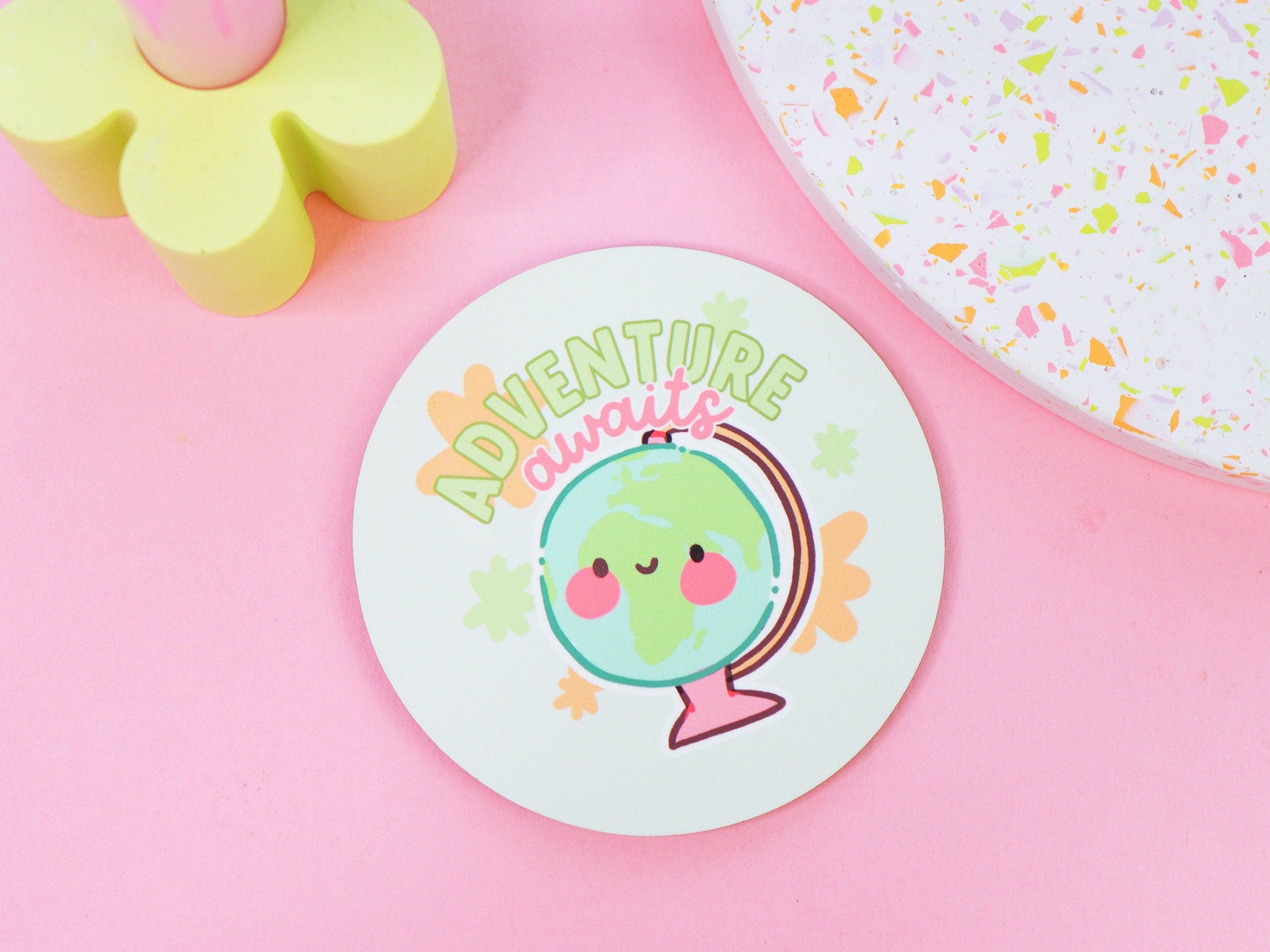 Adventure Awaits Travel Coaster | Wanderlust Drink Holder | Kawaii Globe Design - Katnipp Studios