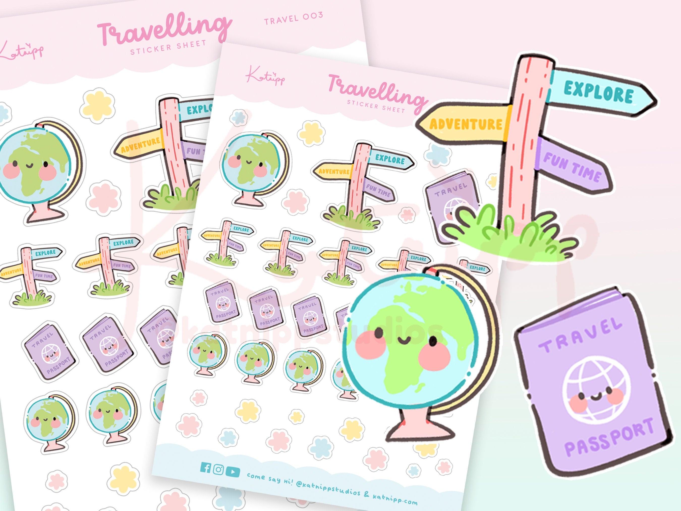 Kawaii Travel Adventure Planner Stickers - Handmade pastel stickers for planners and journals by Katnipp Studios, main