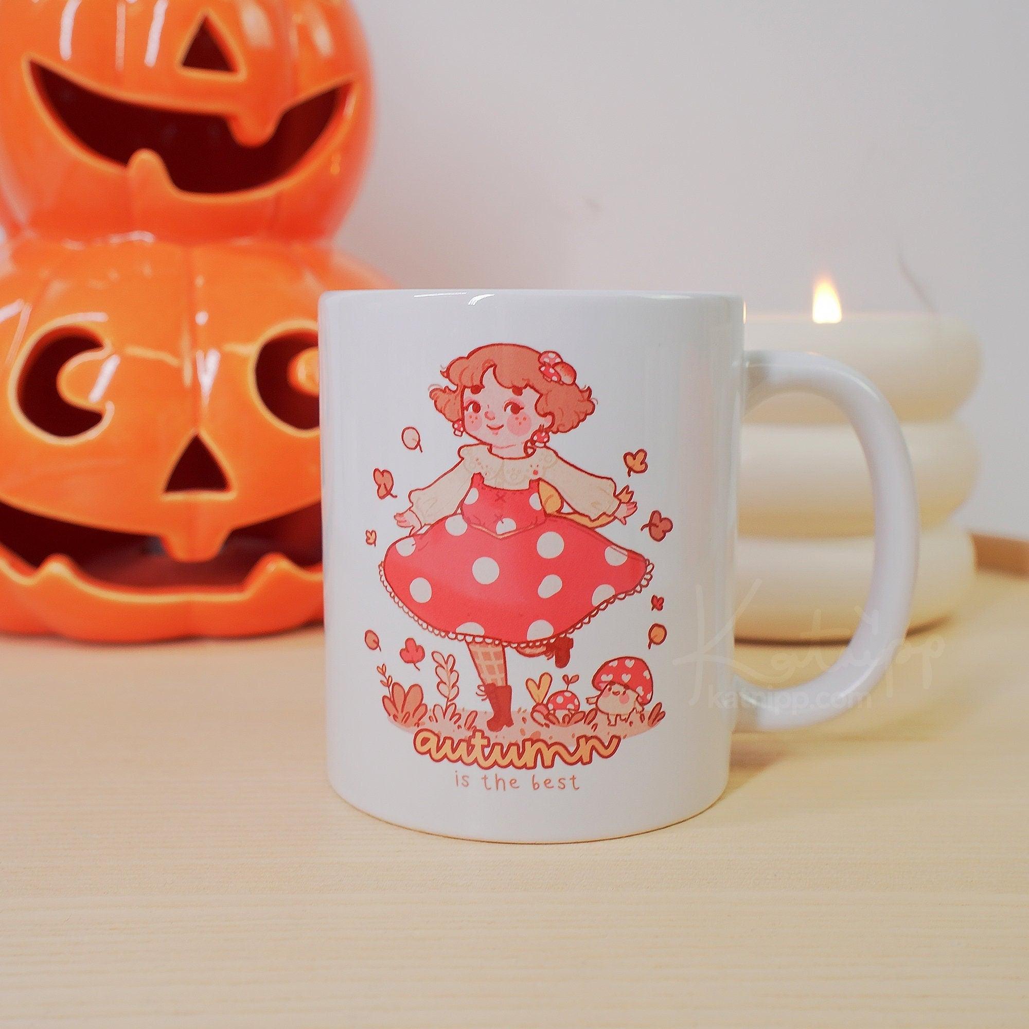 Autumn Ceramic Mug | Kawaii Fall Mug | Cozy Autumn Mug with Fall Girl Design - Katnipp Studios