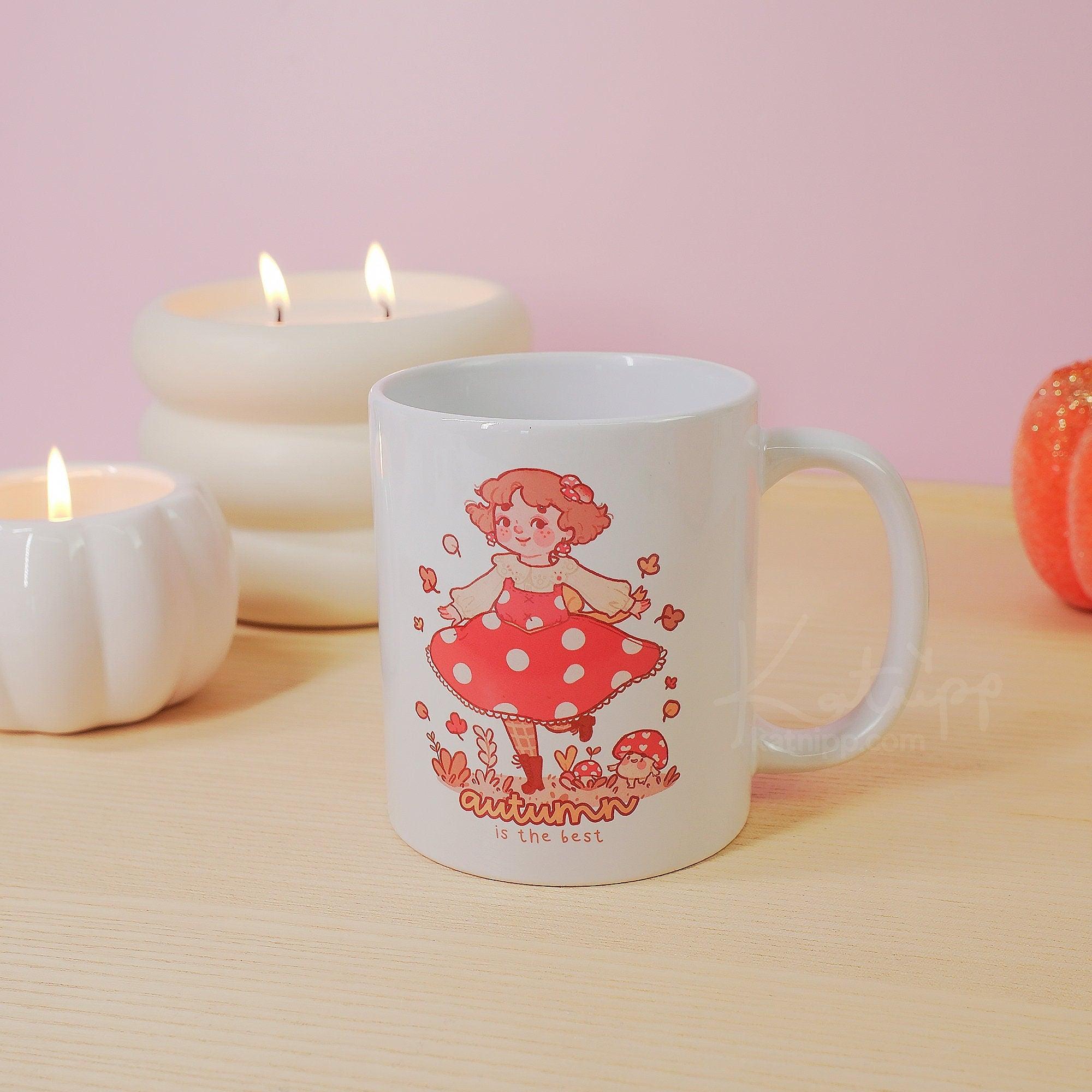 Autumn Ceramic Mug | Kawaii Fall Mug | Cozy Autumn Mug with Fall Girl Design - Katnipp Studios