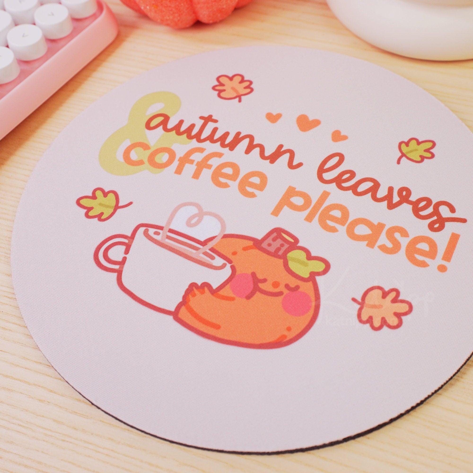 Autumn Leaves or Coffee Please! Mouse Mat - Hand-printed kawaii desk accessory from Katnipp, secondary