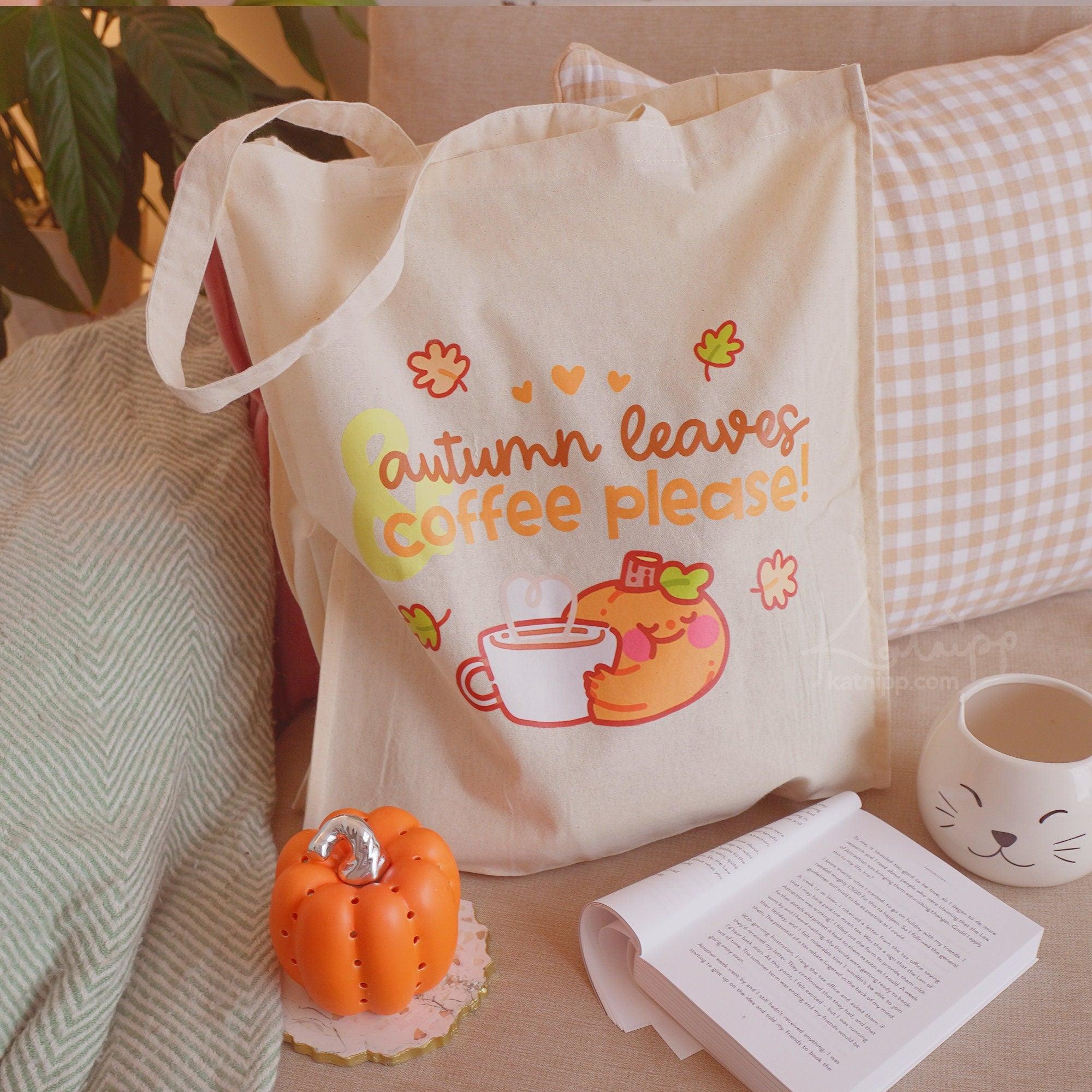 Autumn Leaves & Coffee Please! Eco-Friendly Tote Bag - Original Katnipp Design - Handprinted Cotton, main