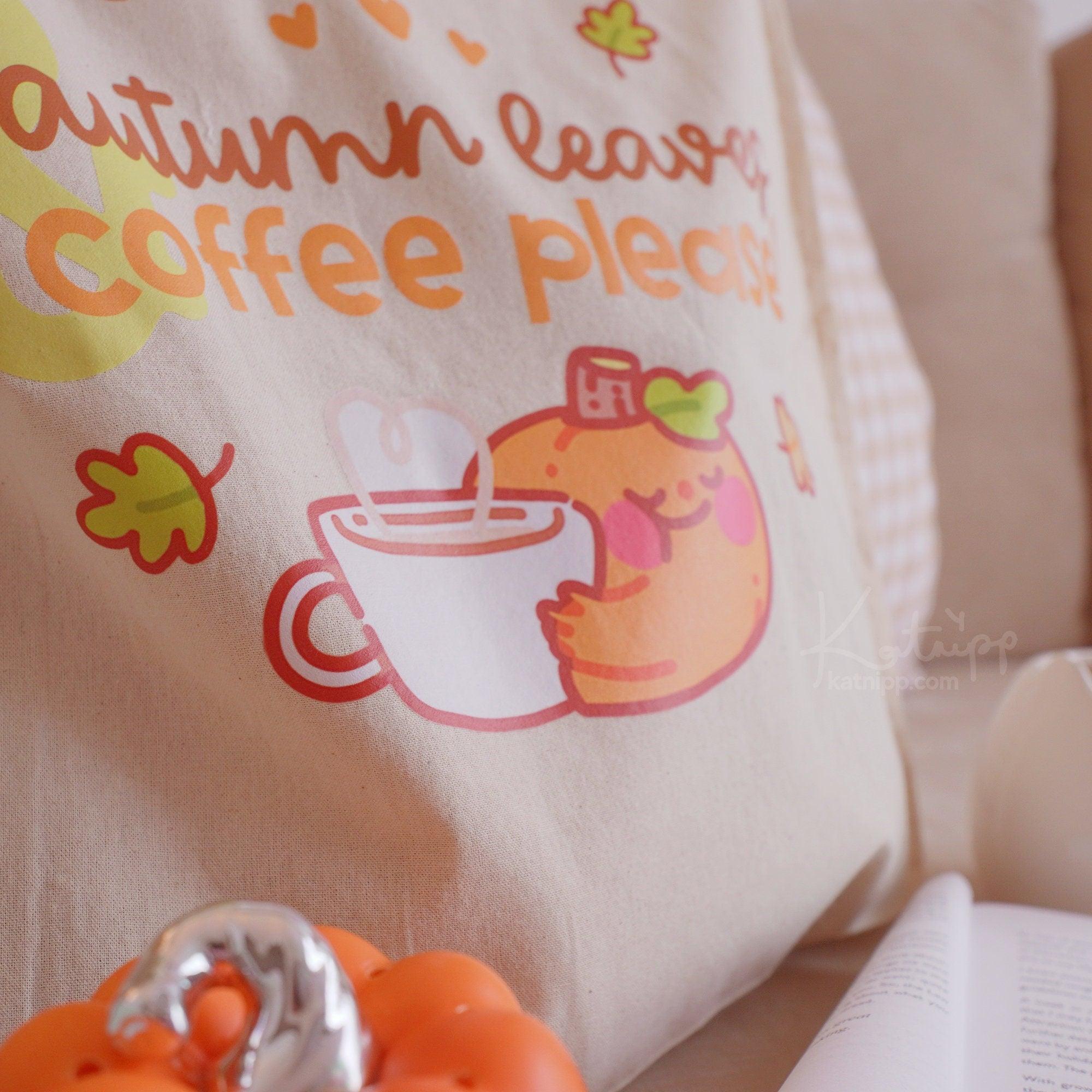 Autumn Leaves & Coffee Please! Eco-Friendly Tote Bag - Original Katnipp Design - Handprinted Cotton, secondary