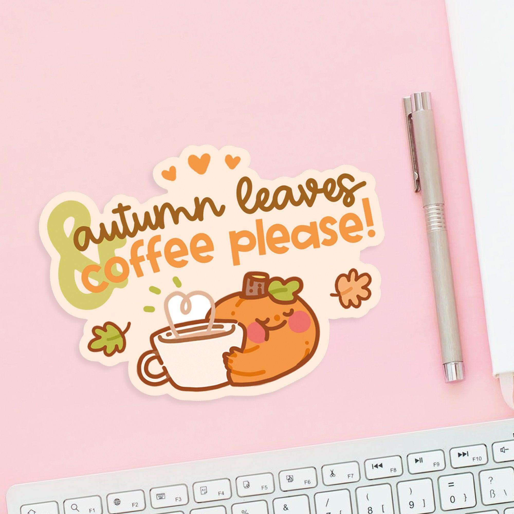 Autumn Leaves & Coffee Please waterproof vinyl sticker featuring Katnipp character and illustration, main
