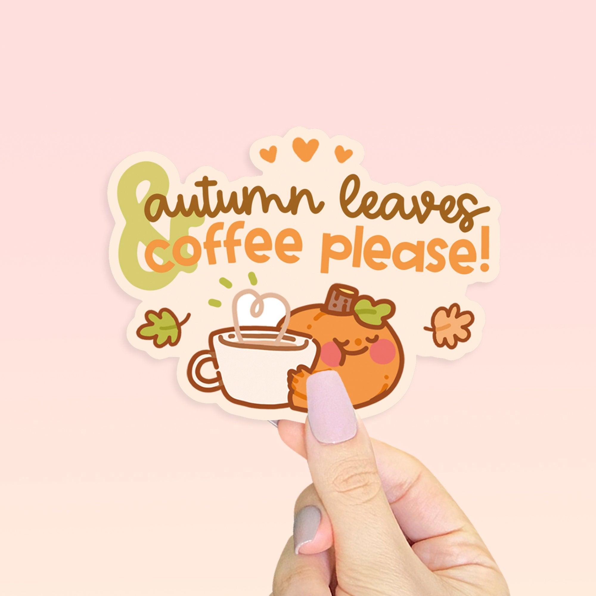 Autumn Leaves & Coffee Please waterproof vinyl sticker featuring Katnipp character and illustration, secondary