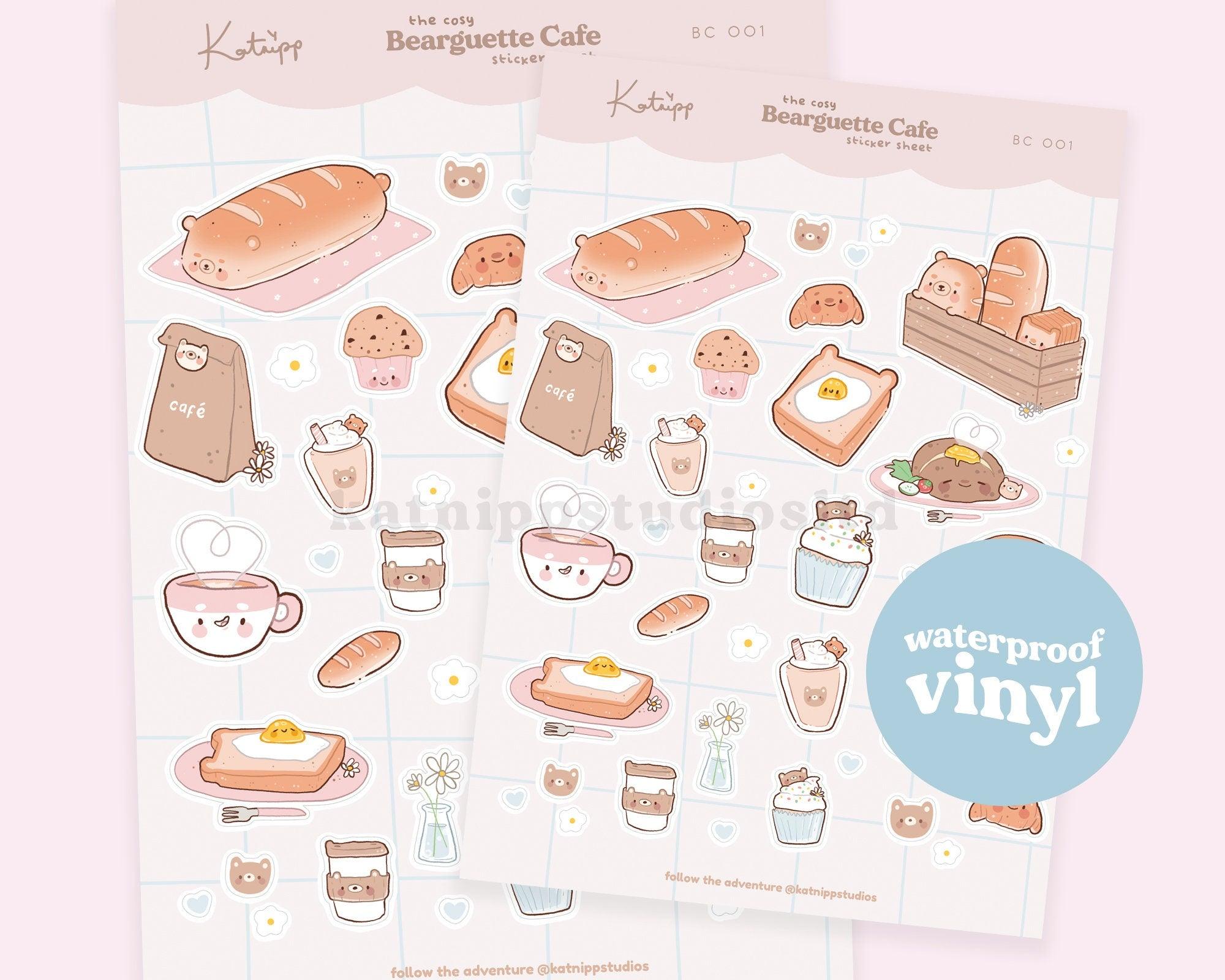 Adorable Bearguette Cafe Bakery Waterproof Vinyl Stickers featuring bakery, cafe, and barista designs, perfect for planners, laptops, and more.
