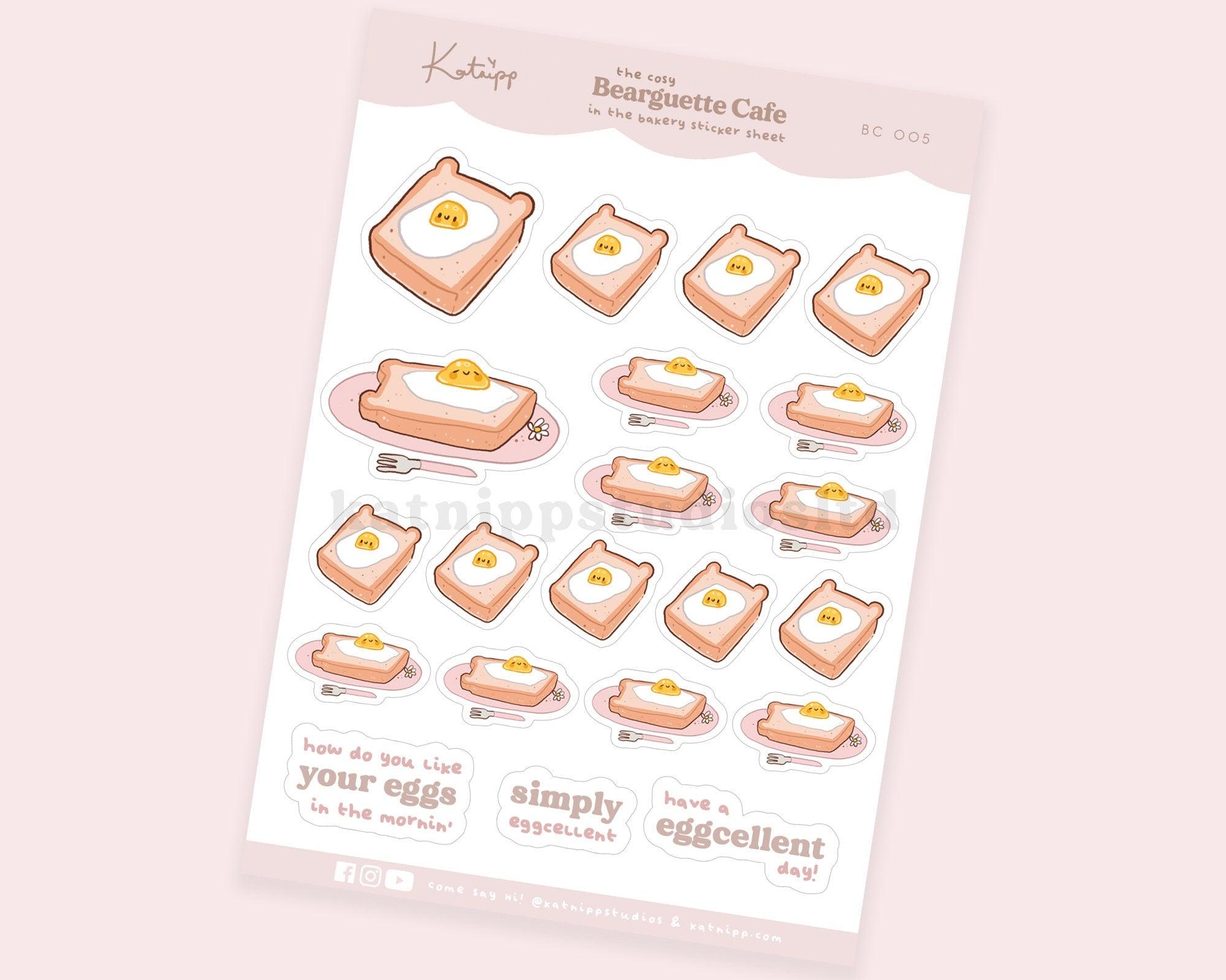 Bearguette Cafe Eggs on Toast Sticker Sheet | Cute Breakfast Planner Stickers | BC005 Katnipp character product