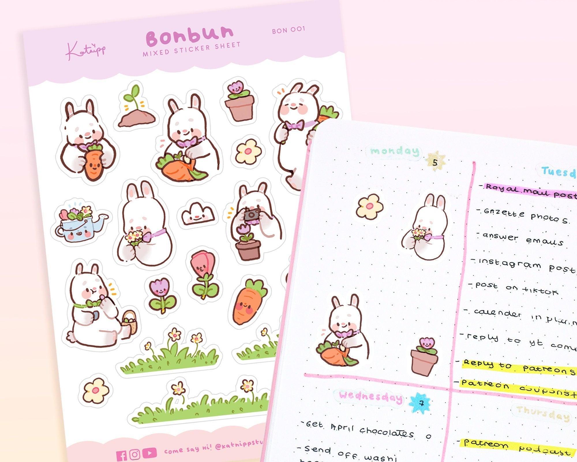 Bonbun Kawaii Bunny Planner Sticker Sheet | Cute Spring Garden Pastel Stickers A6 | BON001 Katnipp character product