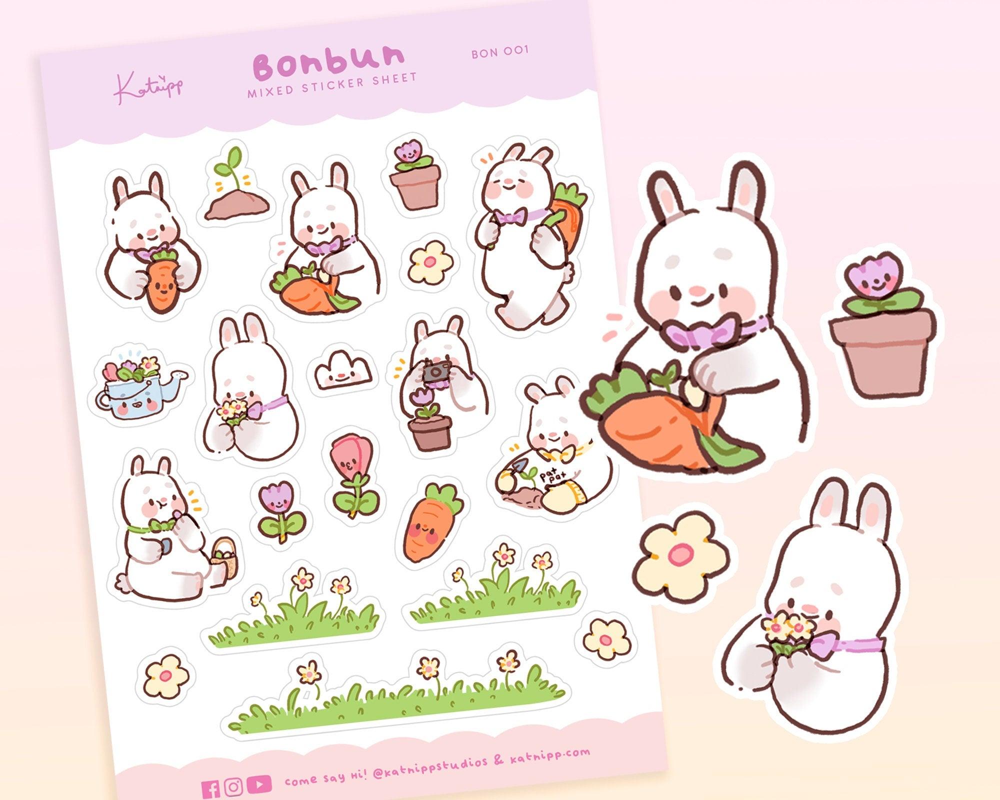 Bonbun Kawaii Bunny Planner Sticker Sheet | Cute Spring Garden Pastel Stickers A6 | BON001 Katnipp character product