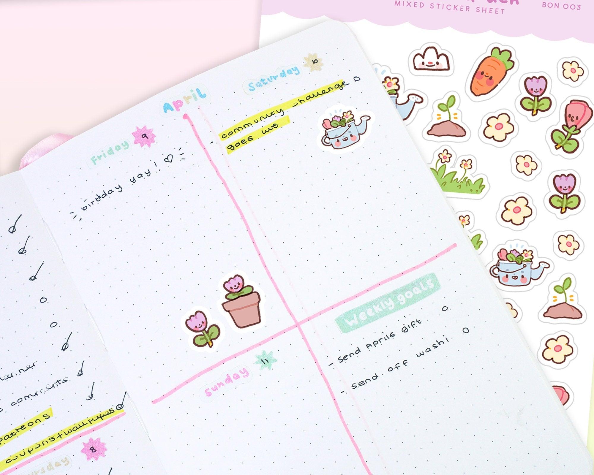 Bonbun's Kawaii Spring Gardening Sticker Sheet | Pastel Garden & Plant Stickers | Cute Floral & Vegetable Designs | BON 003 - Katnipp Studios
