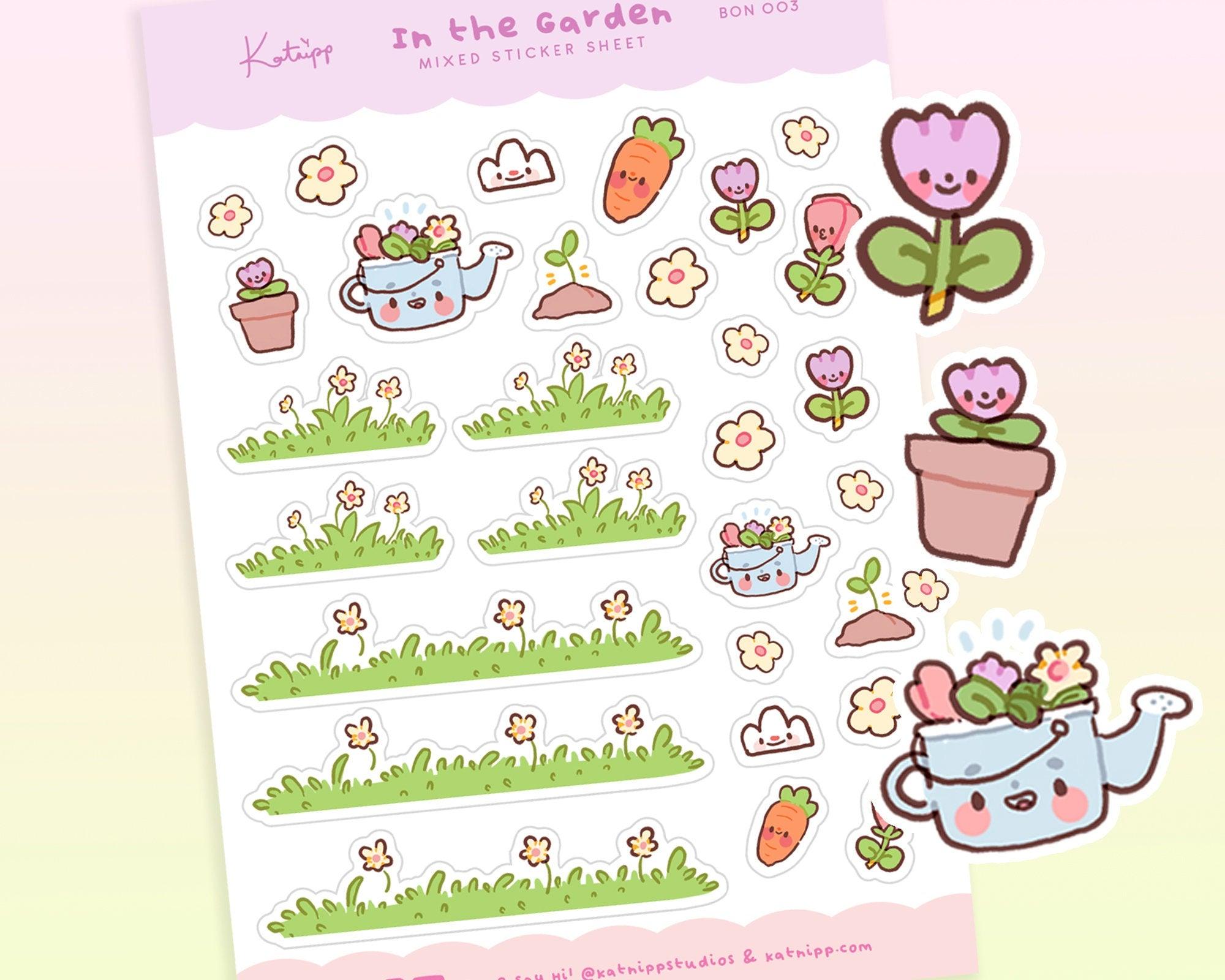 Bonbun's Spring Gardening Sticker Sheet - Illustrations of gardening tools, plants, and Bonbun the bunny.