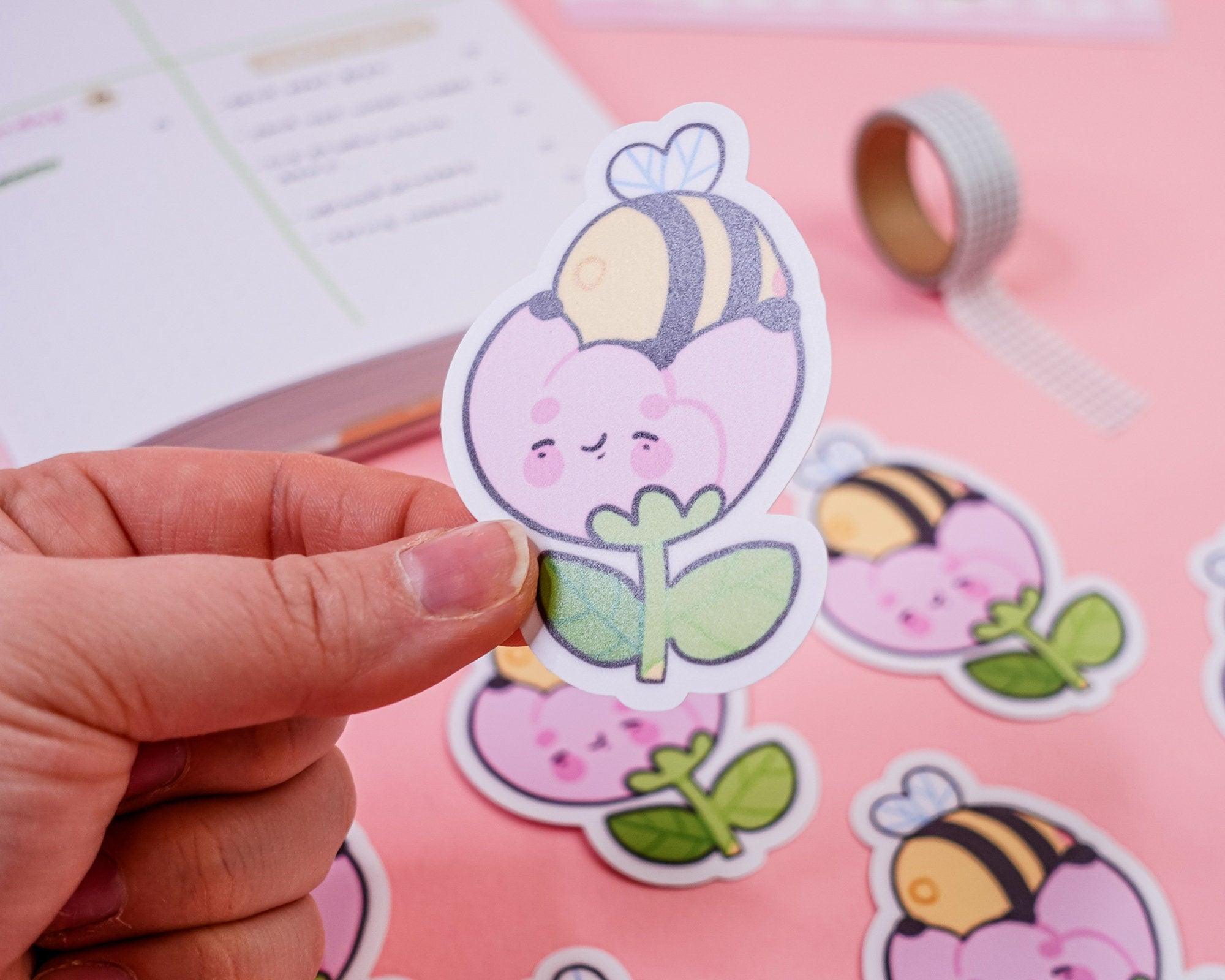 Sleepy Bumblebutt peony sticker, handmade and illustrated, perfect for planners, laptops, and scrapbooks. 2