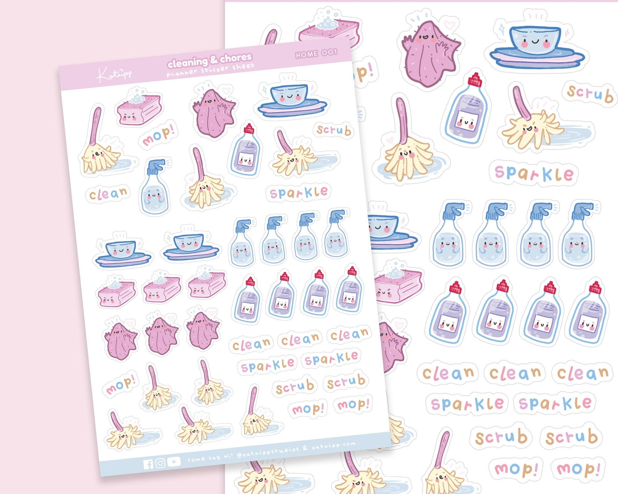 Cleaning & Chores Sticker Sheet | Kawaii Home Cleaning Stickers | A6 Pastel Organiser Stickers | HOME 001 - Katnipp Studios