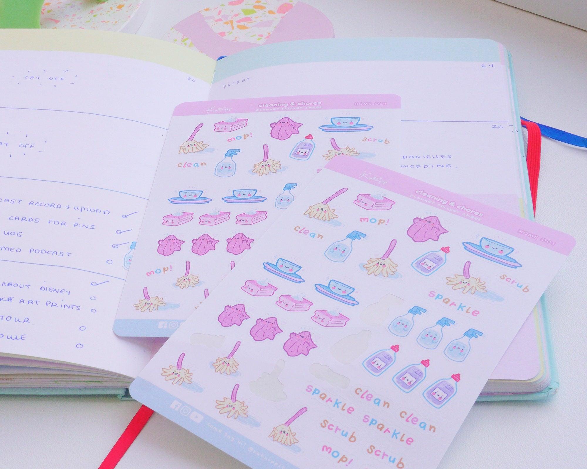 Cleaning & Chores Sticker Sheet | Kawaii Home Cleaning Stickers | A6 Pastel Organiser Stickers | HOME 001 - Katnipp Studios