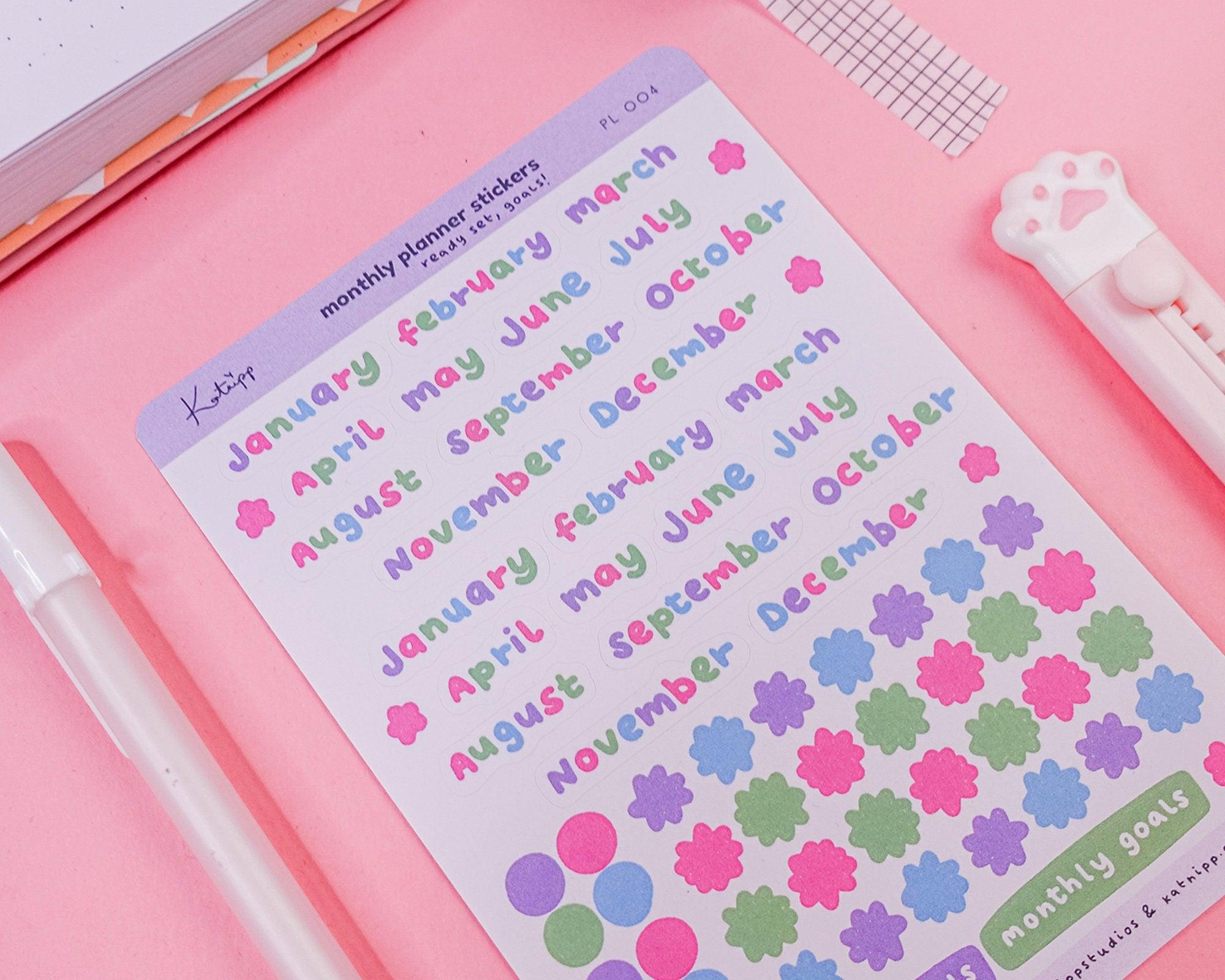 Colourful Monthly Planner Stickers | Pastel Bullet Journal Stickers | PL004 Katnipp character product