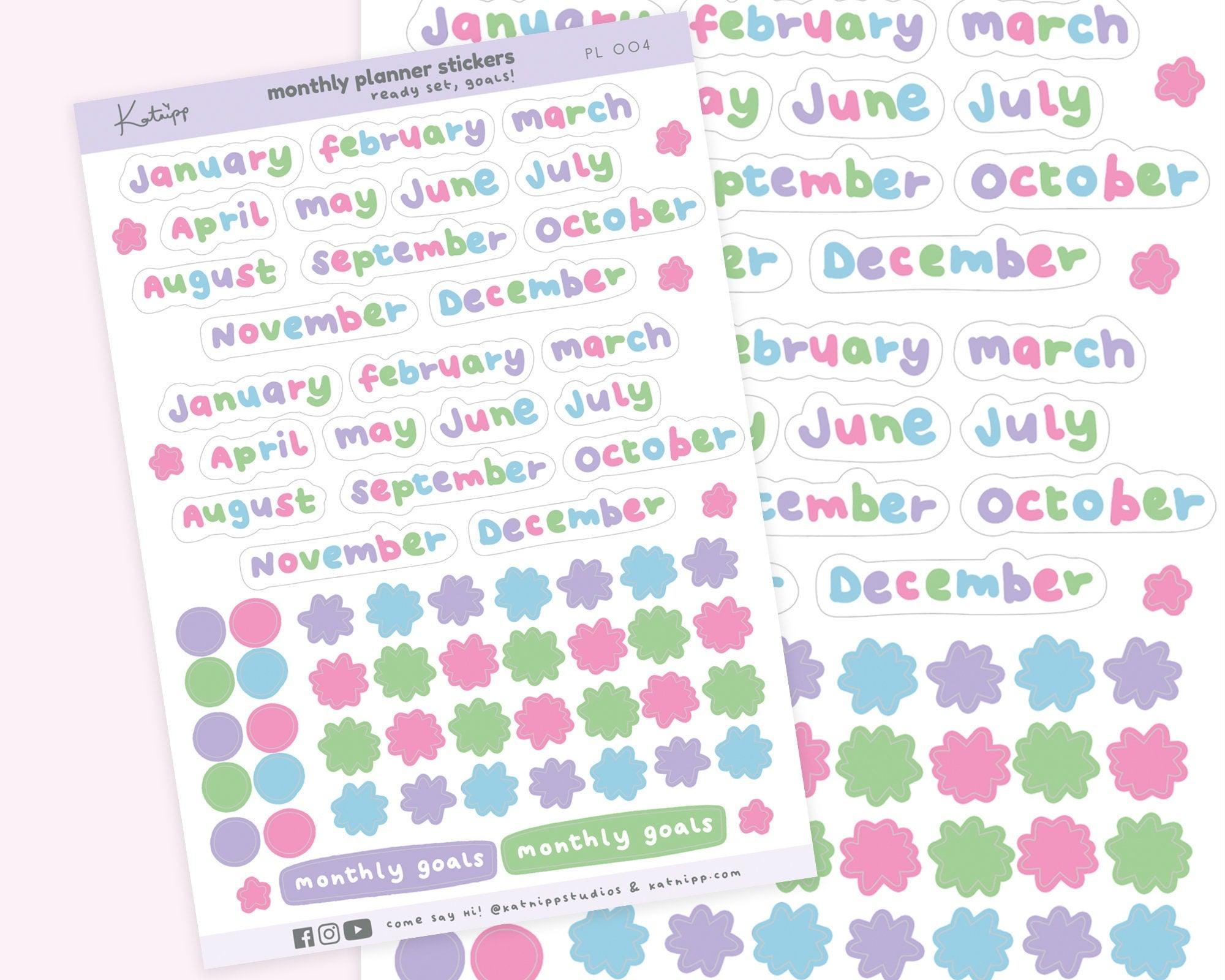 Colourful Monthly Planner Stickers | Pastel Bullet Journal Stickers | PL004 Katnipp character product