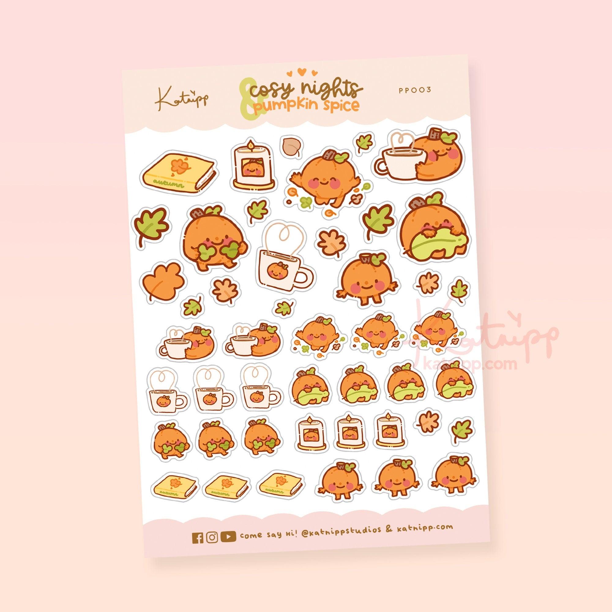 Cosy Nights & Pumpkin Spice Autumn Sticker Sheet | Gourdo Kawaii Fall Stickers | PP003 - Katnipp Studios