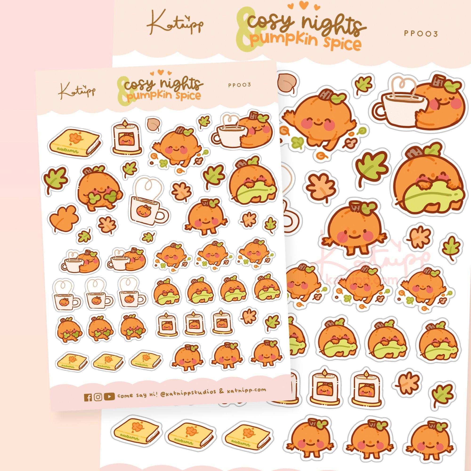 Cosy Nights & Pumpkin Spice Autumn Sticker Sheet | Gourdo Kawaii Fall Stickers | PP003 - Katnipp Studios