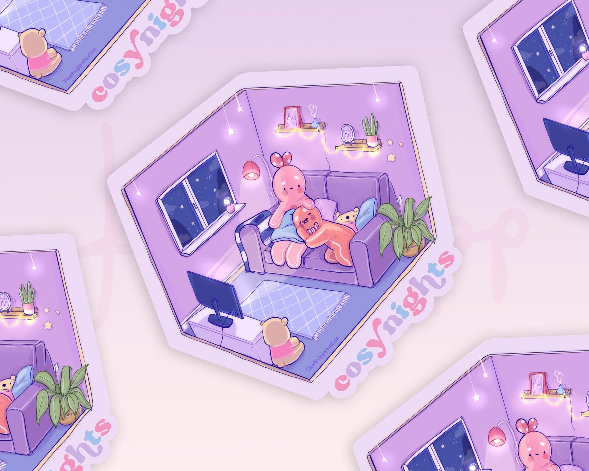 Cosy Nights Kawaii Die-Cut Sticker | Gingie & Spice’s Cosy Movie Night | Cute Gingerbread Character Sticker - Katnipp Studios