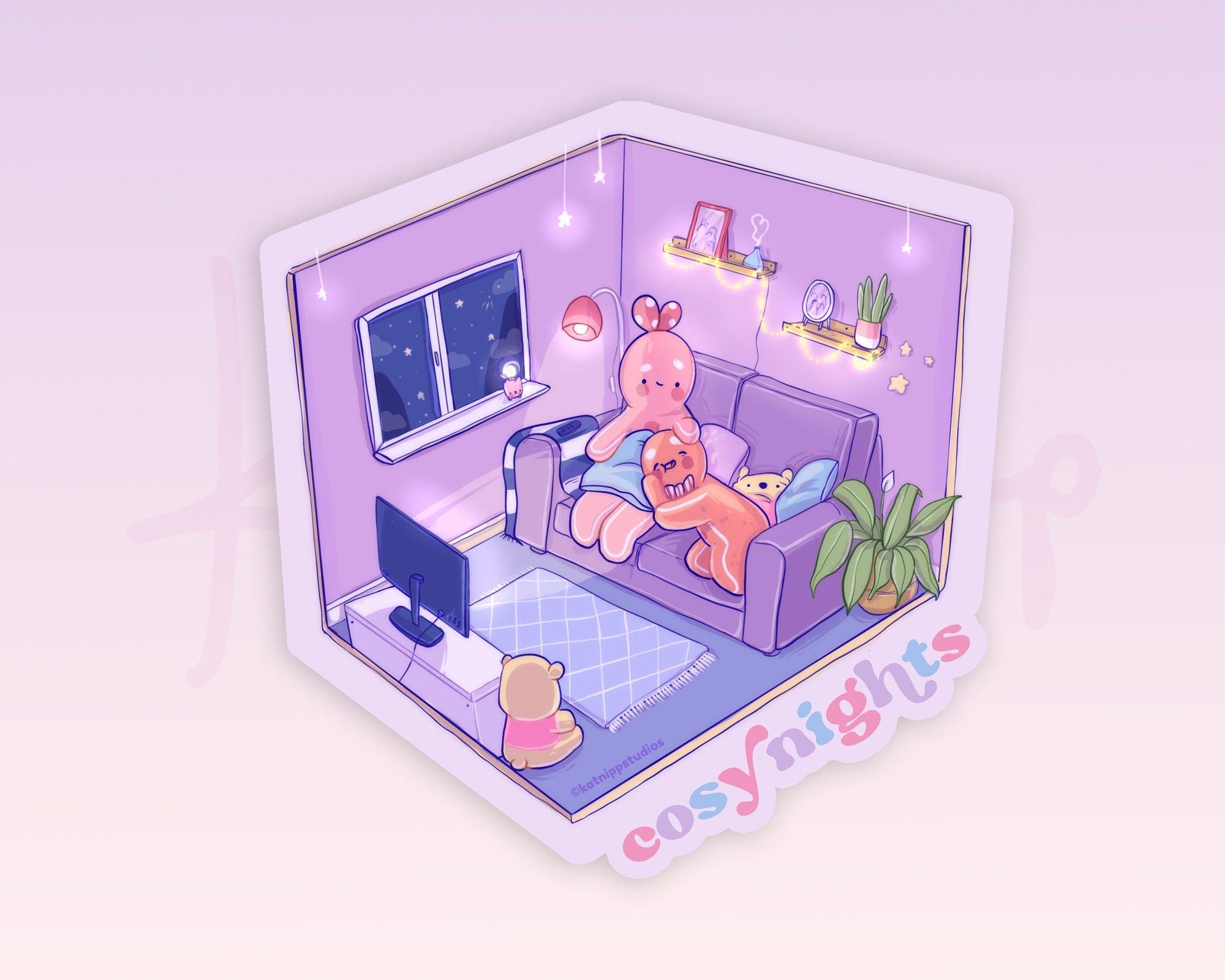 Cosy Nights Kawaii Vinyl Die Cut Sticker | Cute Cosy Aesthetic Character Sticker Katnipp character product