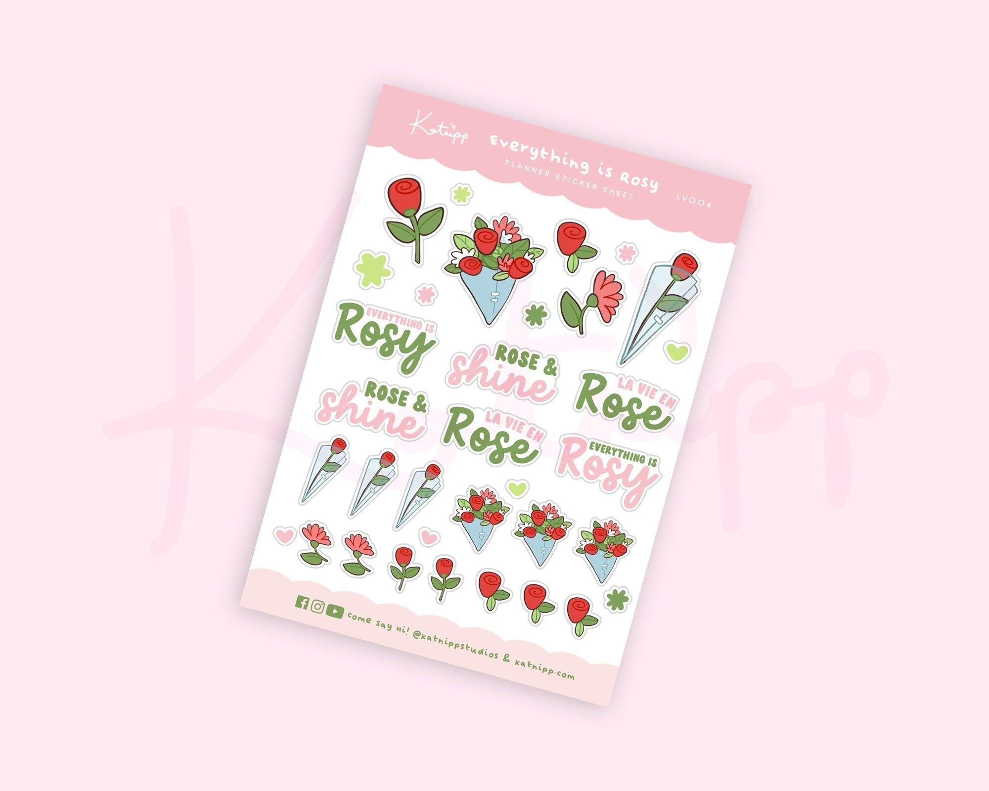 Everything is Rosy Sticker Sheet | Rose Planner Stickers | LV004 Katnipp character product