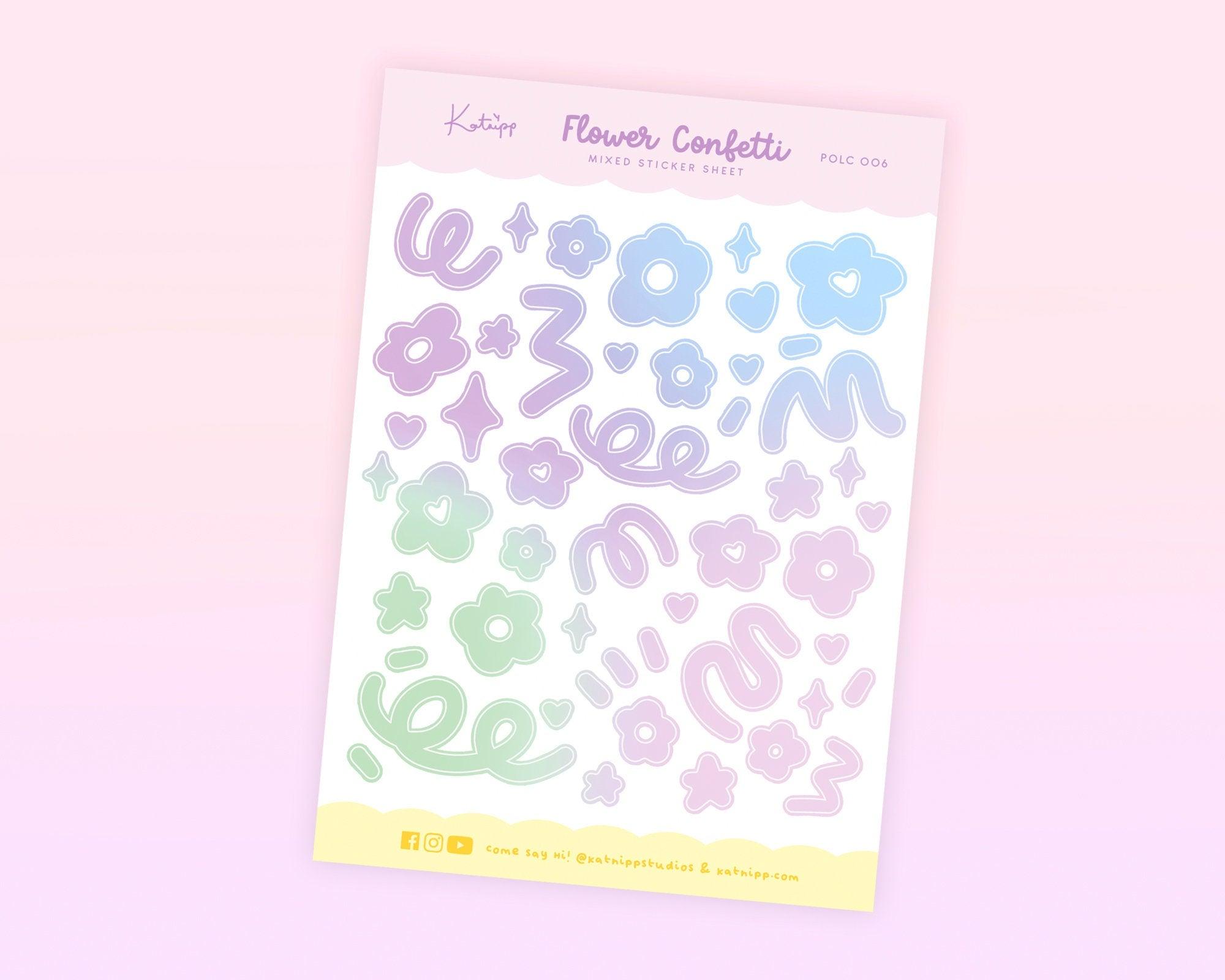 Flower Confetti Sticker Sheet | Pastel Multicolour Planner Stickers | POLC 006 Katnipp character product