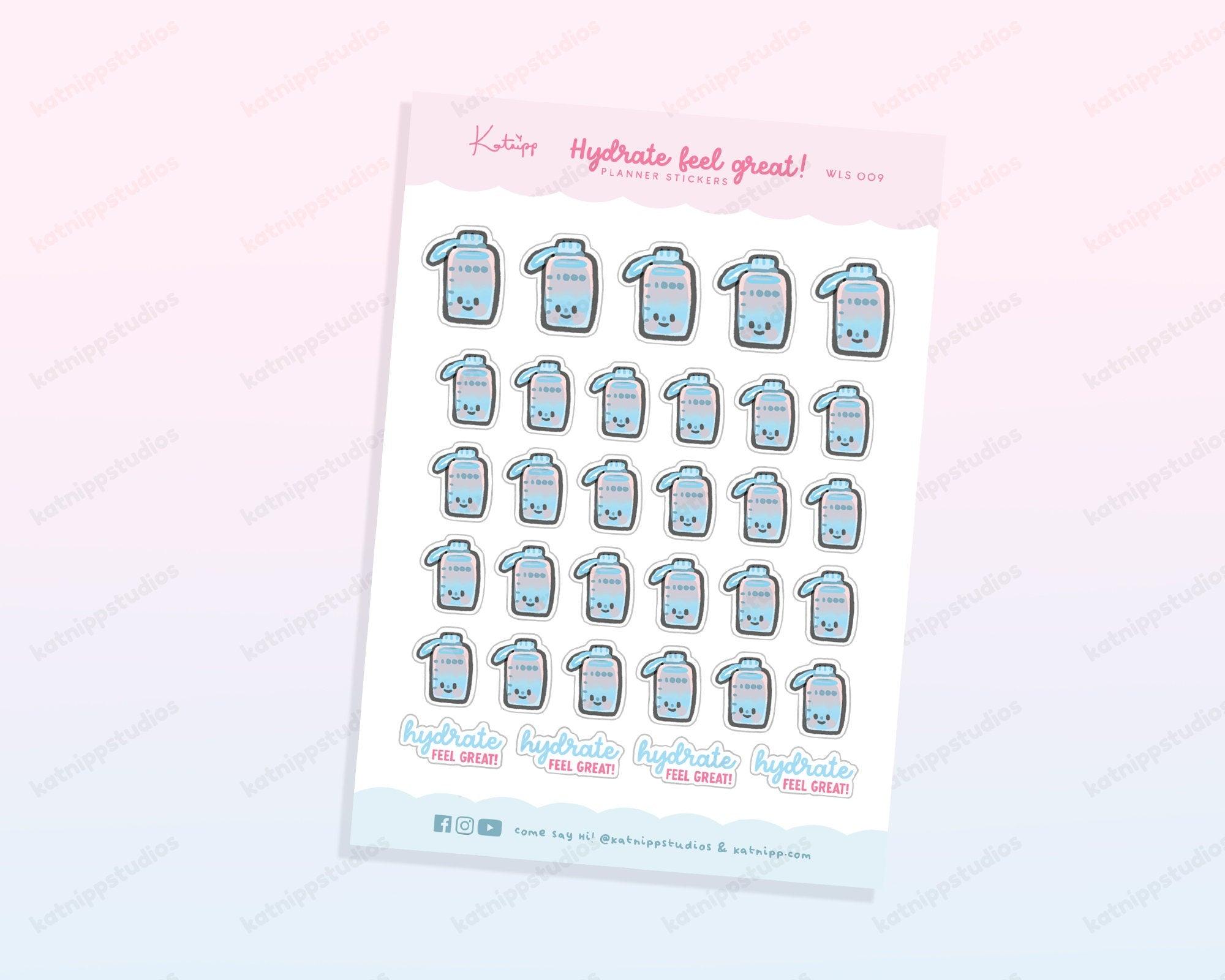 Hydrate Feel Great Water Tracker Stickers | Kawaii Planner Sticker Sheet | WLS009 Katnipp character product