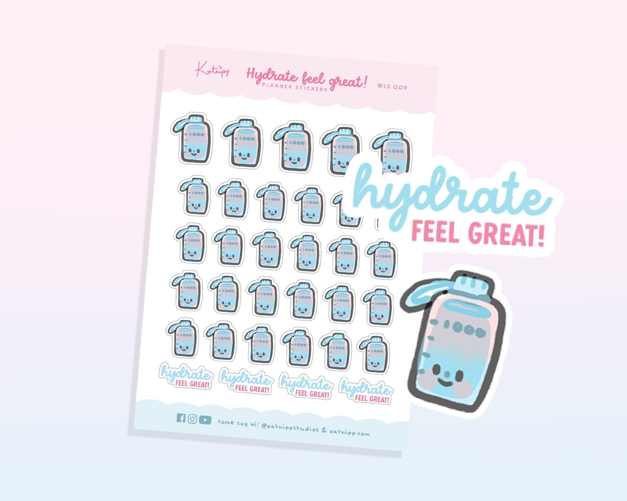 Hydrate Feel Great Water Tracker Stickers | Kawaii Planner Sticker Sheet | WLS009 Katnipp character product