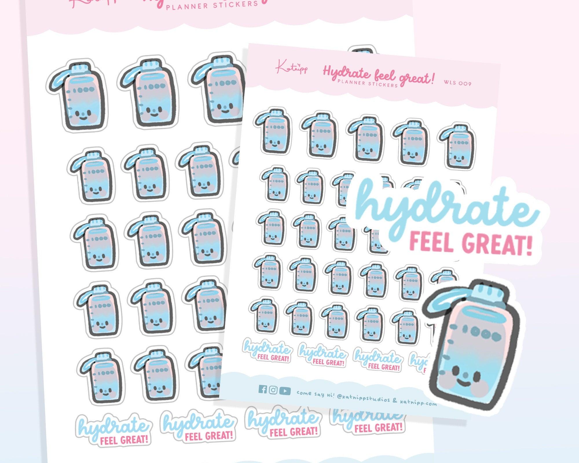 Hydrate Feel Great Water Tracker Stickers | Kawaii Planner Sticker Sheet | WLS009 Katnipp character product