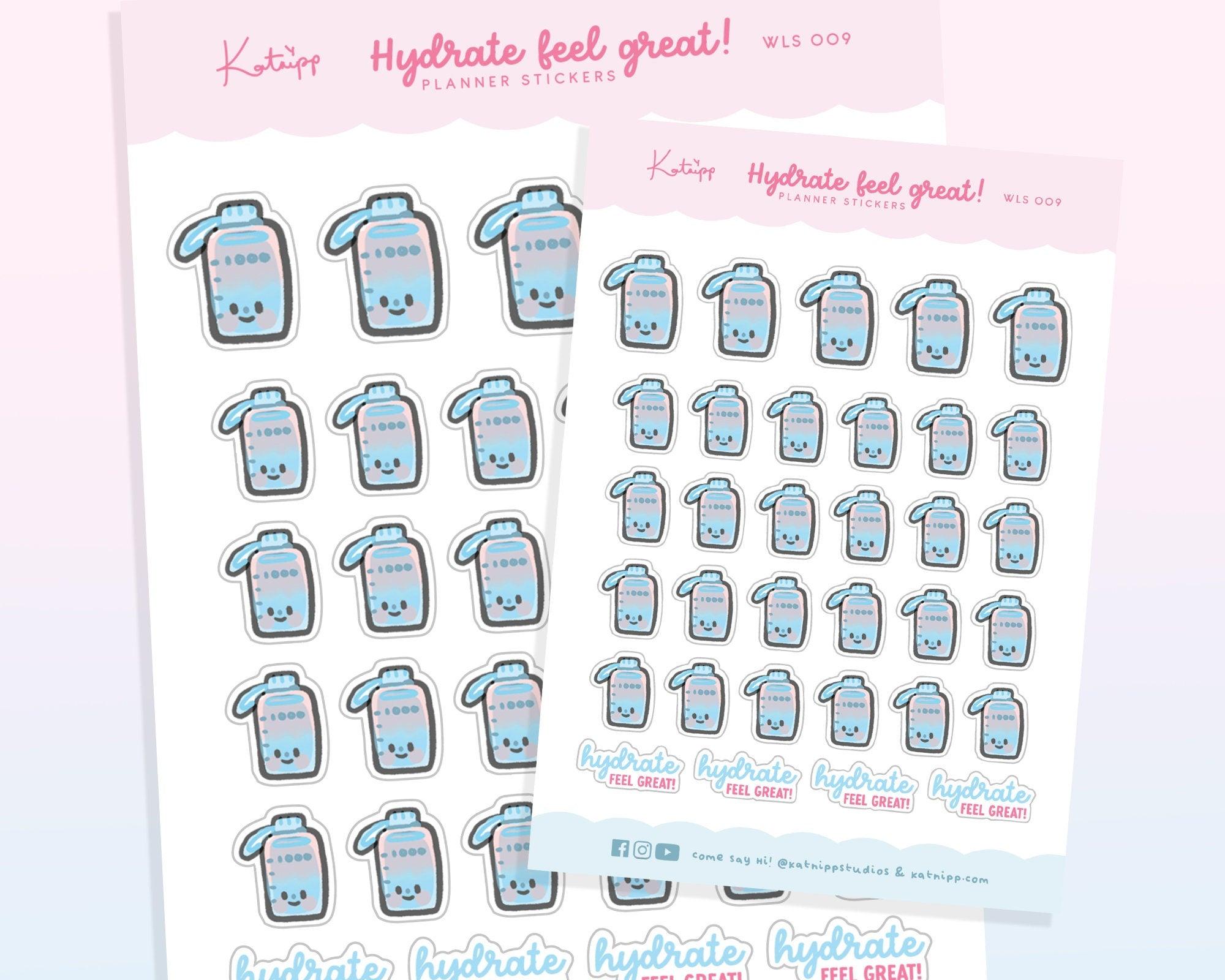 Hydrate Feel Great Water Tracker Stickers | Kawaii Planner Sticker Sheet | WLS009 Katnipp character product