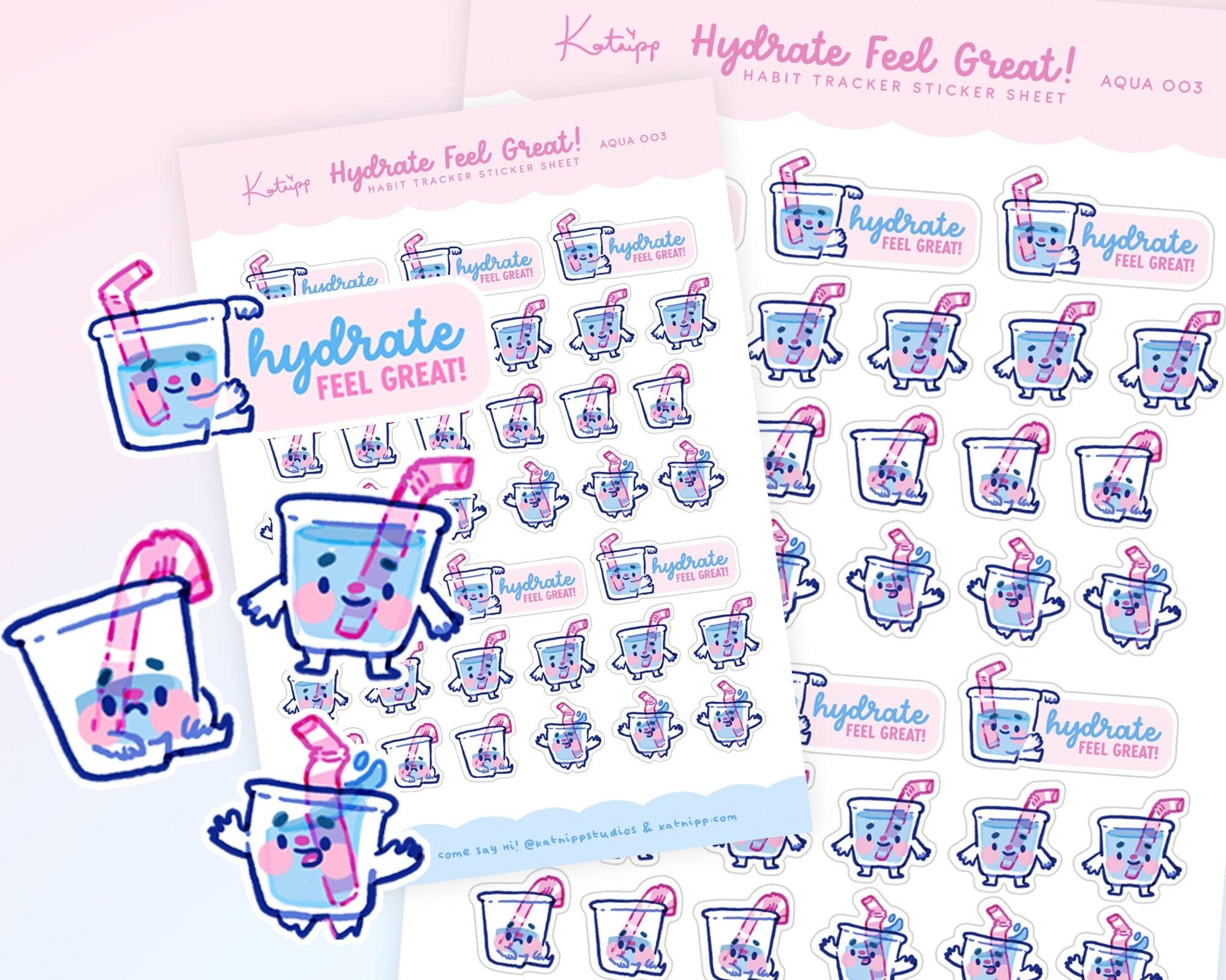Hydration Emoji Sticker Sheet | Water Intake Planner Tracker | Cute Wellness Stickers | AQUA003 Katnipp character product