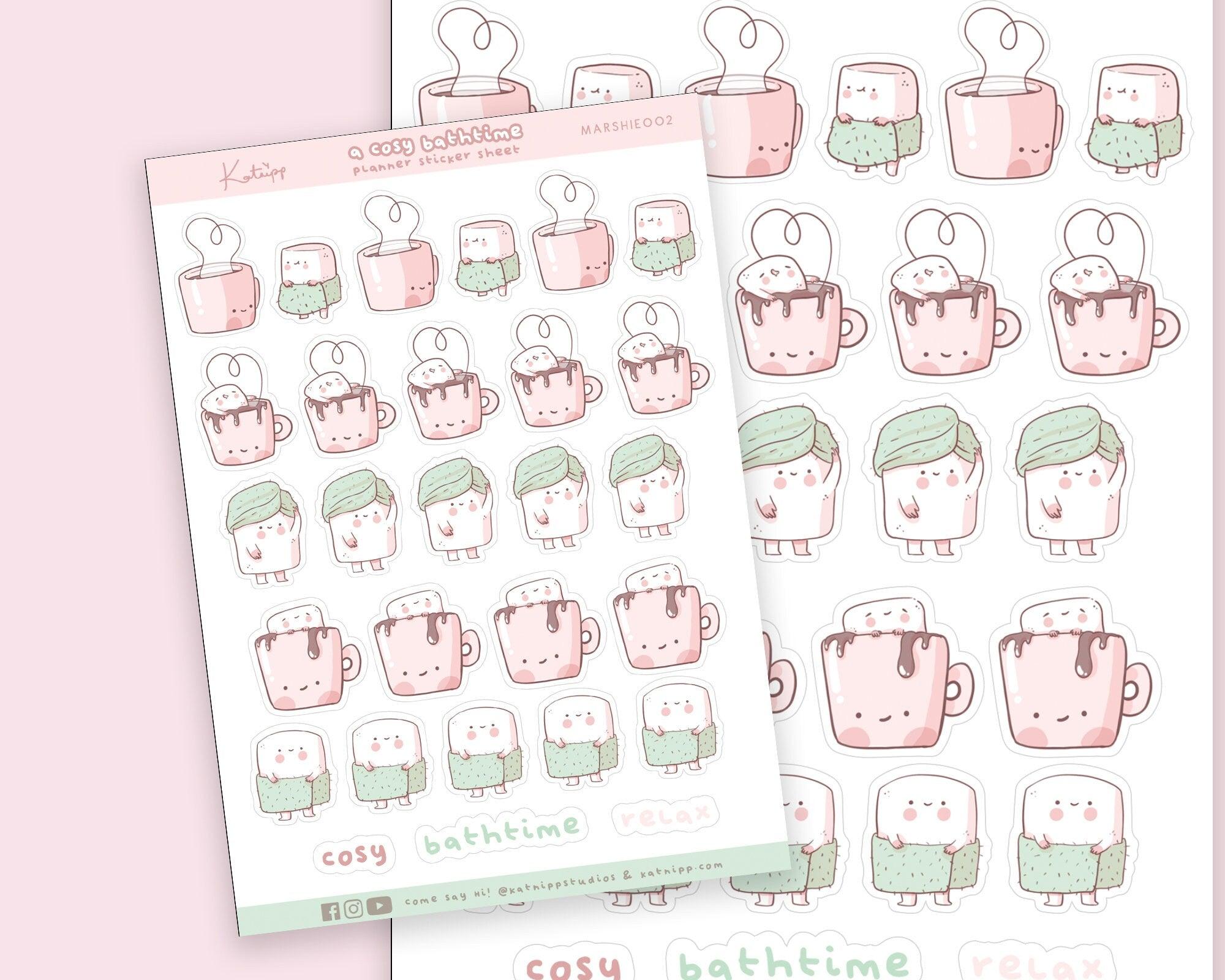 Kawaii Bath Time Cosy Planner Sticker - Cute Handmade Sticker for Planners - Marshie 002 - Katnipp Studios