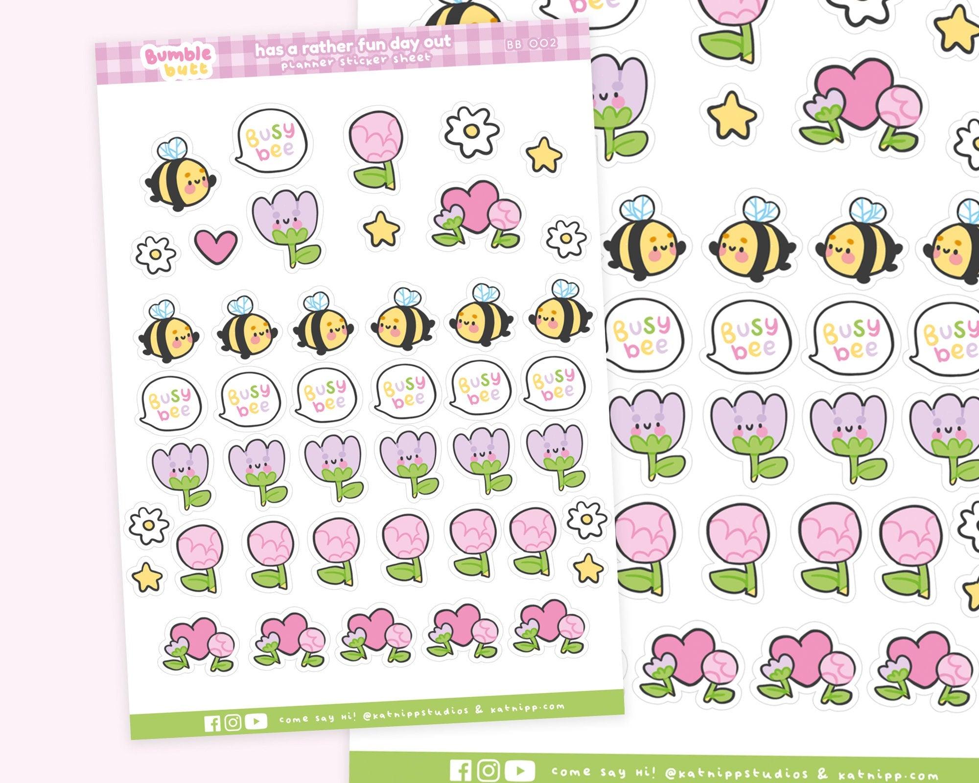 Kawaii Bee Flower Planner Stickers - BB002 - Cute Bumblebee Floral Stickers - Katnipp Studios