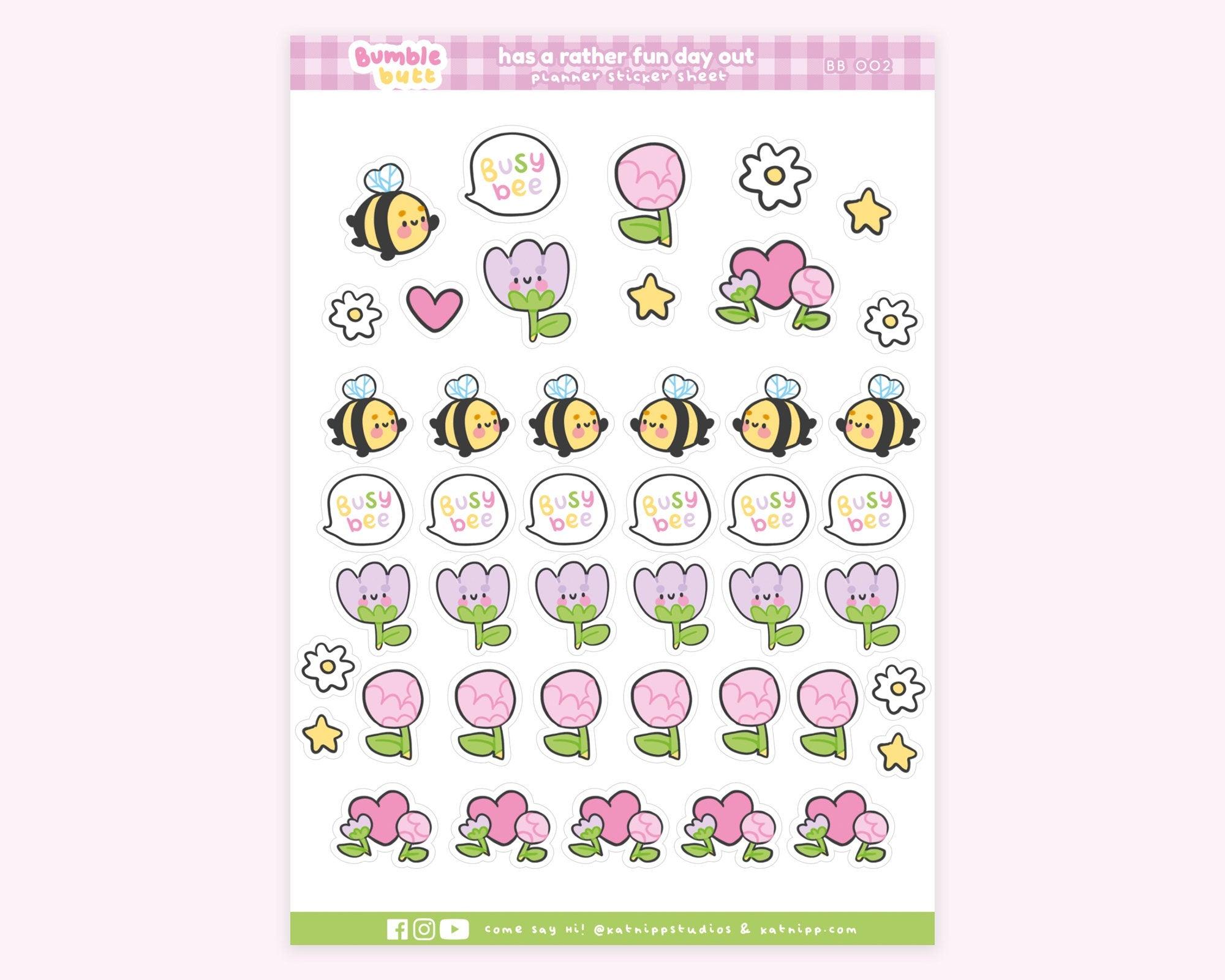 Kawaii Bee Flower Planner Stickers - BB002 - Cute Bumblebee Floral Stickers - Katnipp Studios