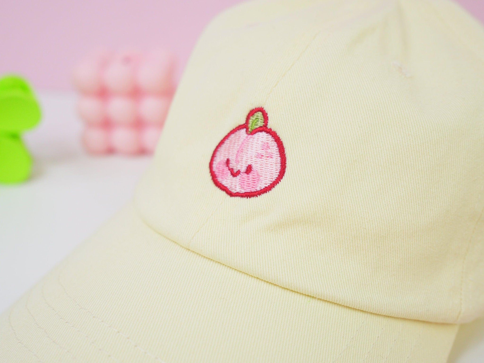 Adorable Cap Peach Embroidered Cap | Pastel Yellow Aesthetic Hat | Kawaii Cute Summ ...